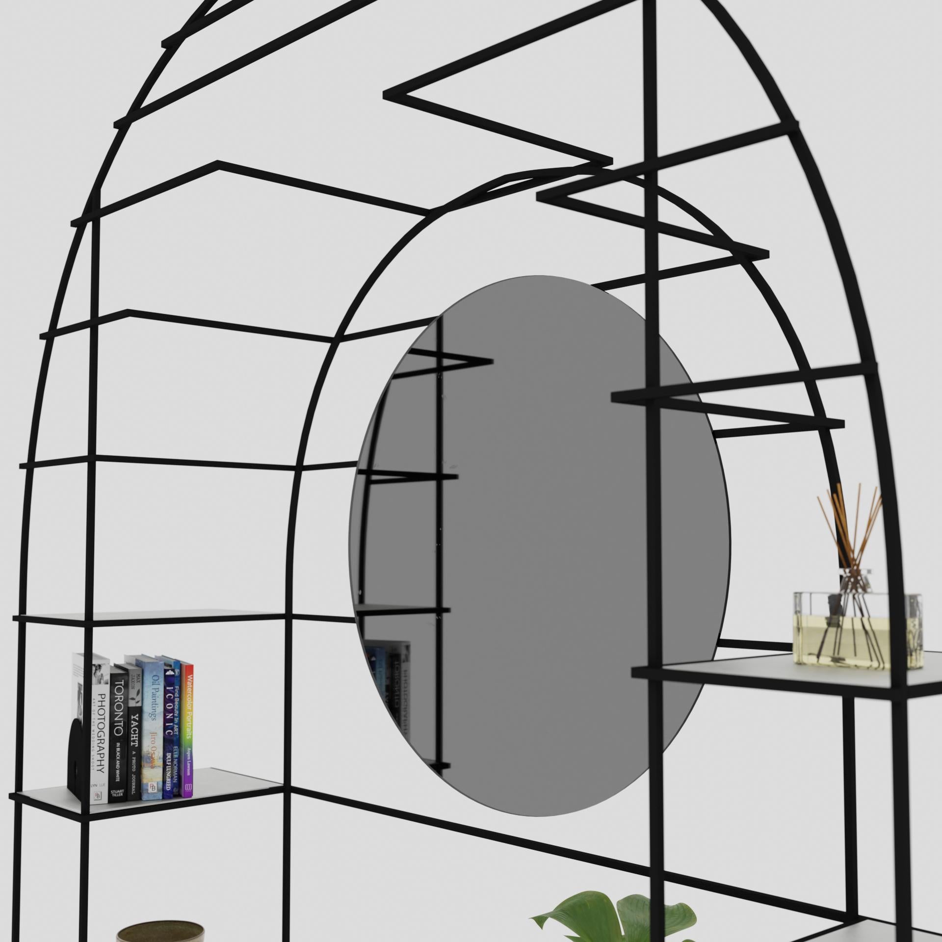 PORTAL is a lightweight steel display shelf system with a circular wall mirror that is assembled from 4 welded steel sections with aluminum plates for shelving. The steel has a durable matte black powdercoat and can be color matched or customized