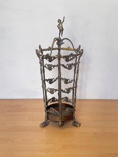 Antique Brass Umbrella Stand with Decorative Figure - Art Nouveau Style