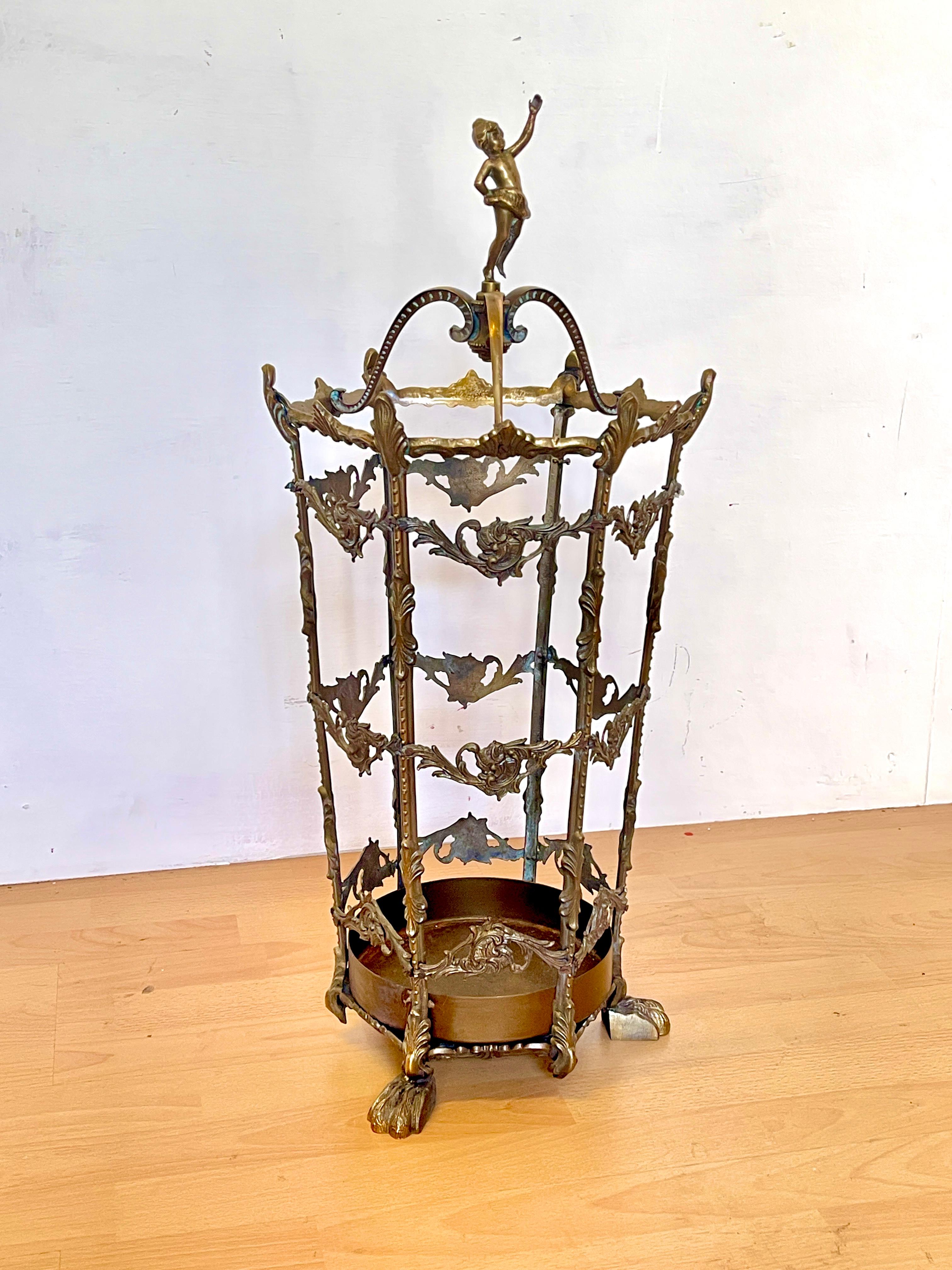 Italian Antique Brass Umbrella Stand with Decorative Figure - Art Nouveau Style For Sale