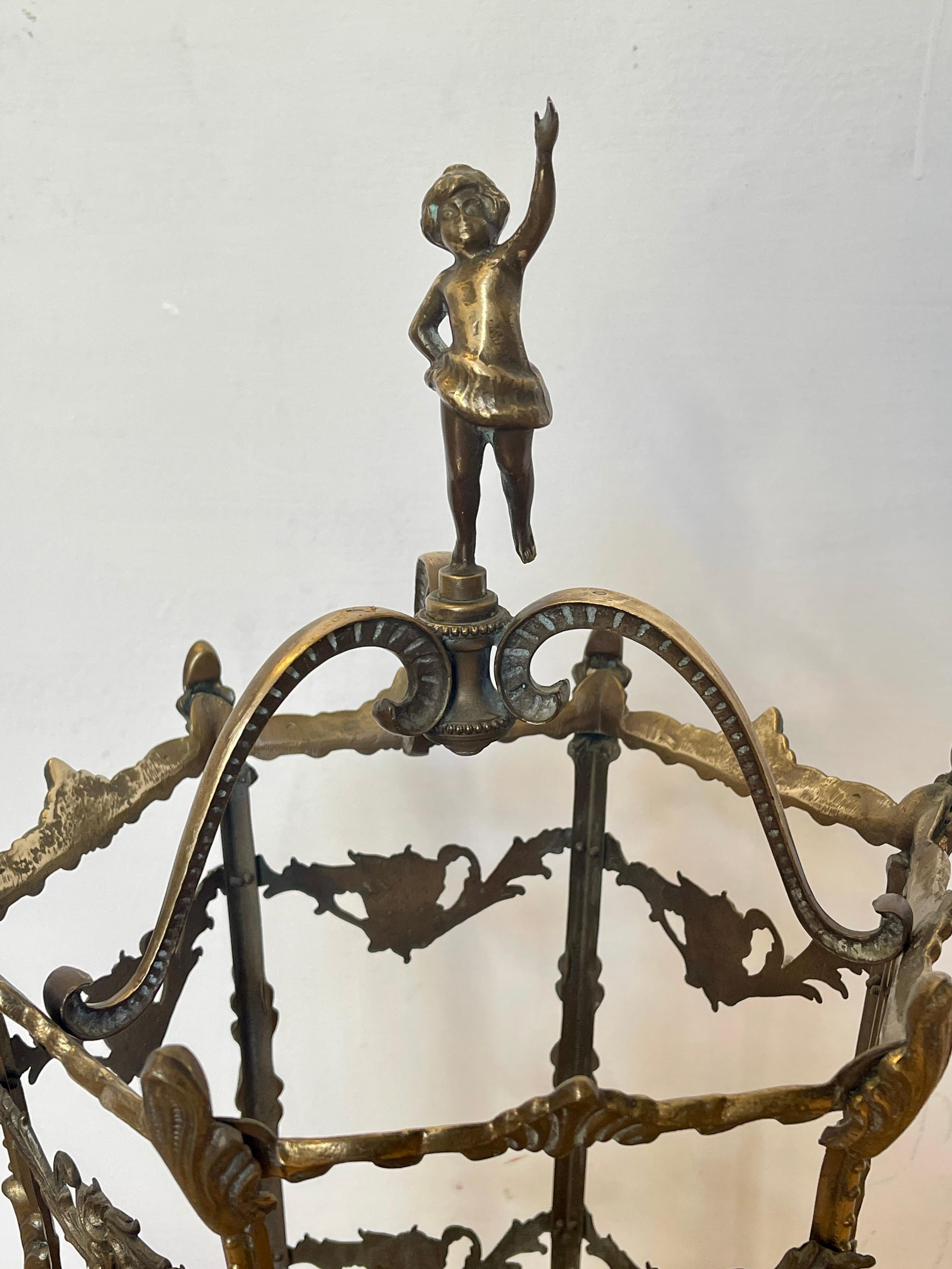 Hand-Crafted Antique Brass Umbrella Stand with Decorative Figure - Art Nouveau Style For Sale