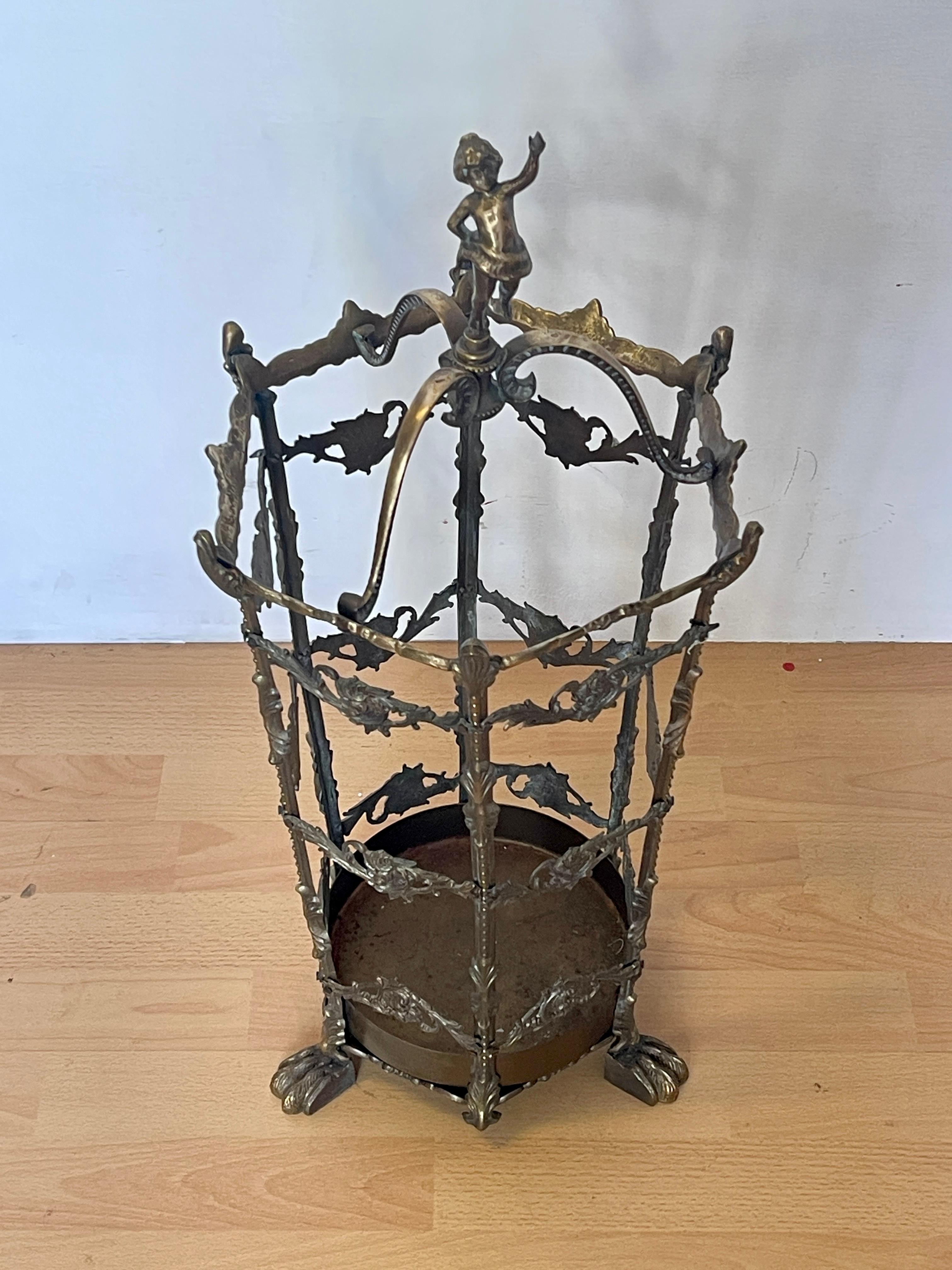20th Century Antique Brass Umbrella Stand with Decorative Figure - Art Nouveau Style For Sale