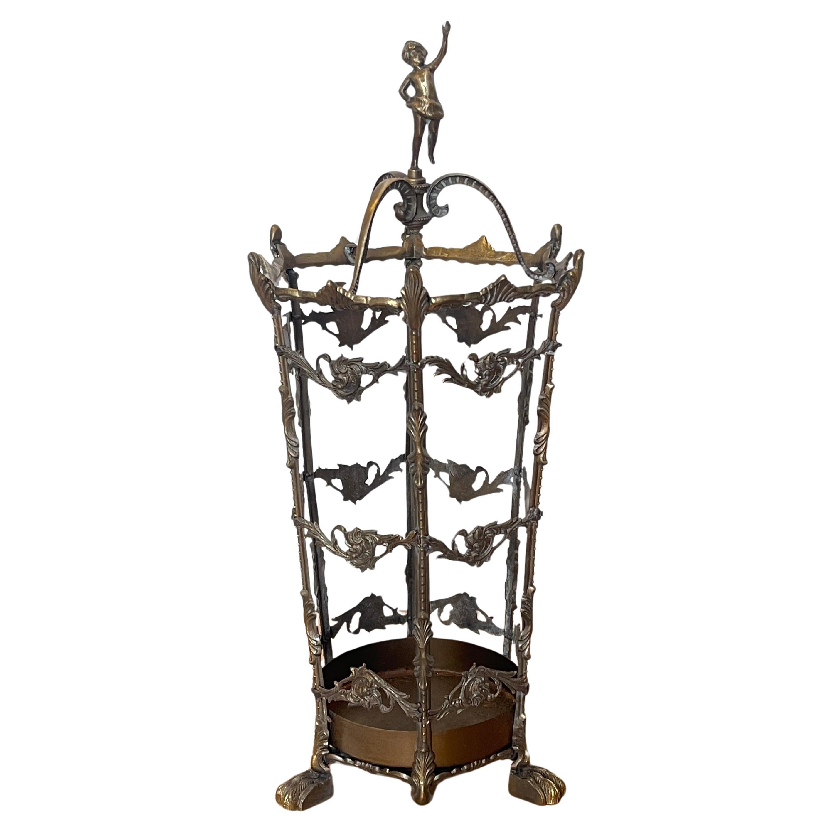 Antique Brass Umbrella Stand with Decorative Figure - Art Nouveau Style For Sale