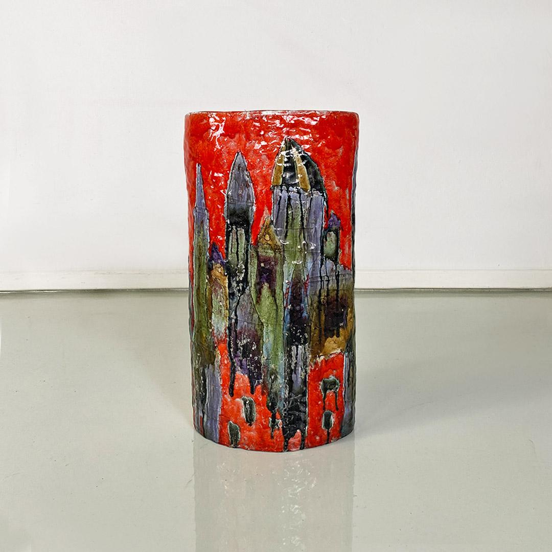 Italian multicolored ceramic umbrella stand or vase with elliptical base, 1960s For Sale 4