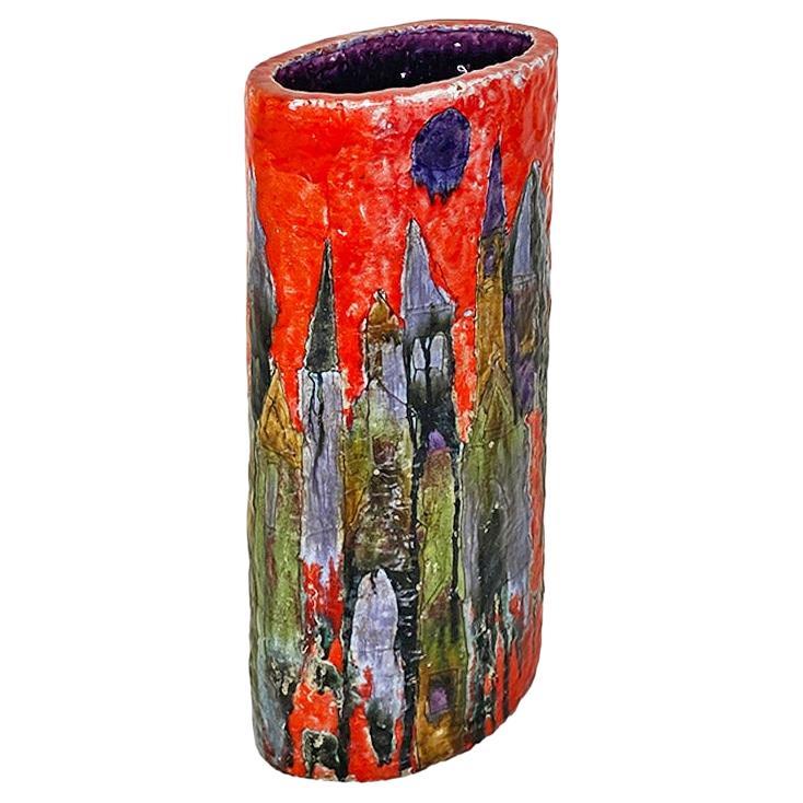 Italian multicolor ceramic umbrella stand or vase with elliptical base 1960s For Sale