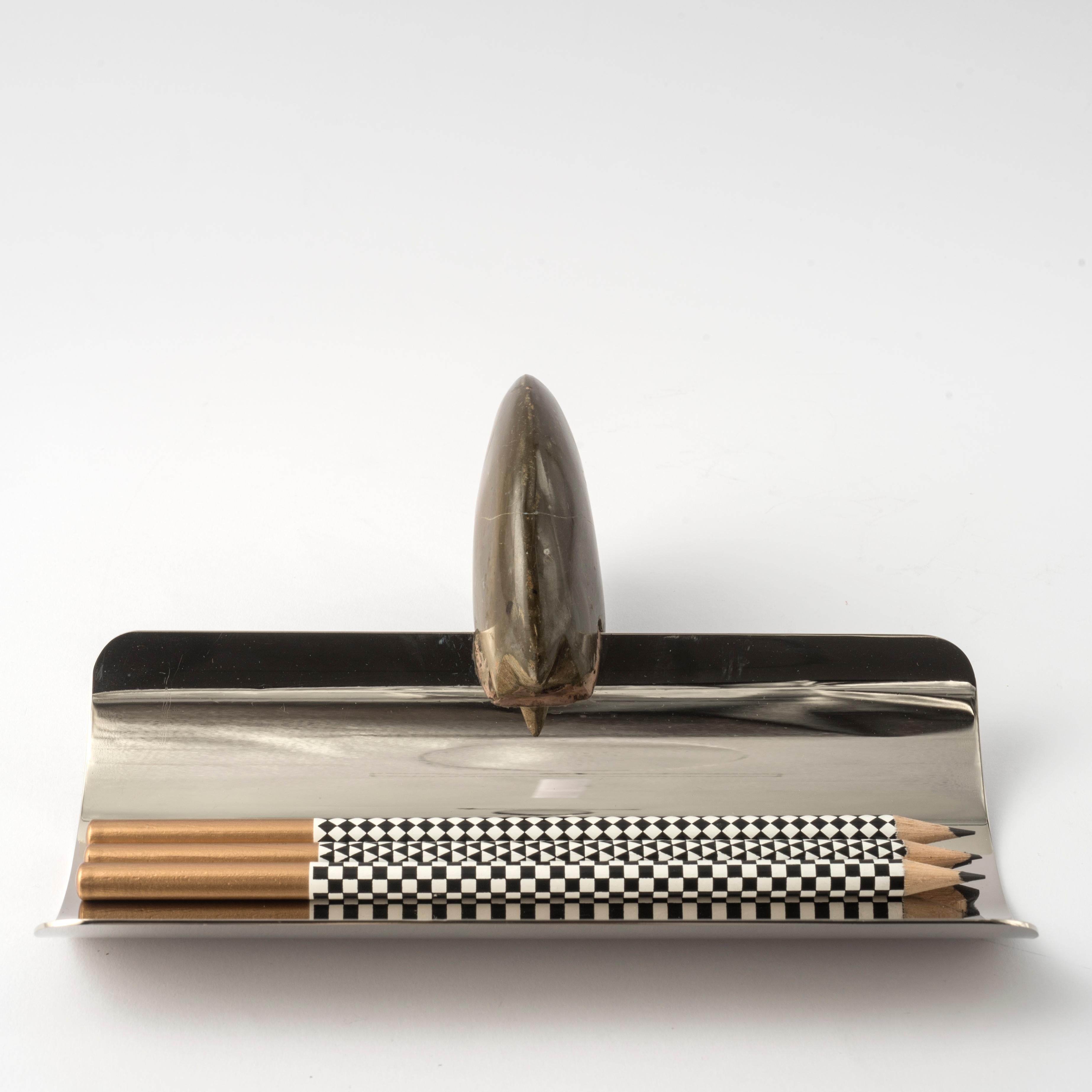 Modern Genuine Fossil Ammonite Pen Holder with Nickel-plated Metal Detail For Sale