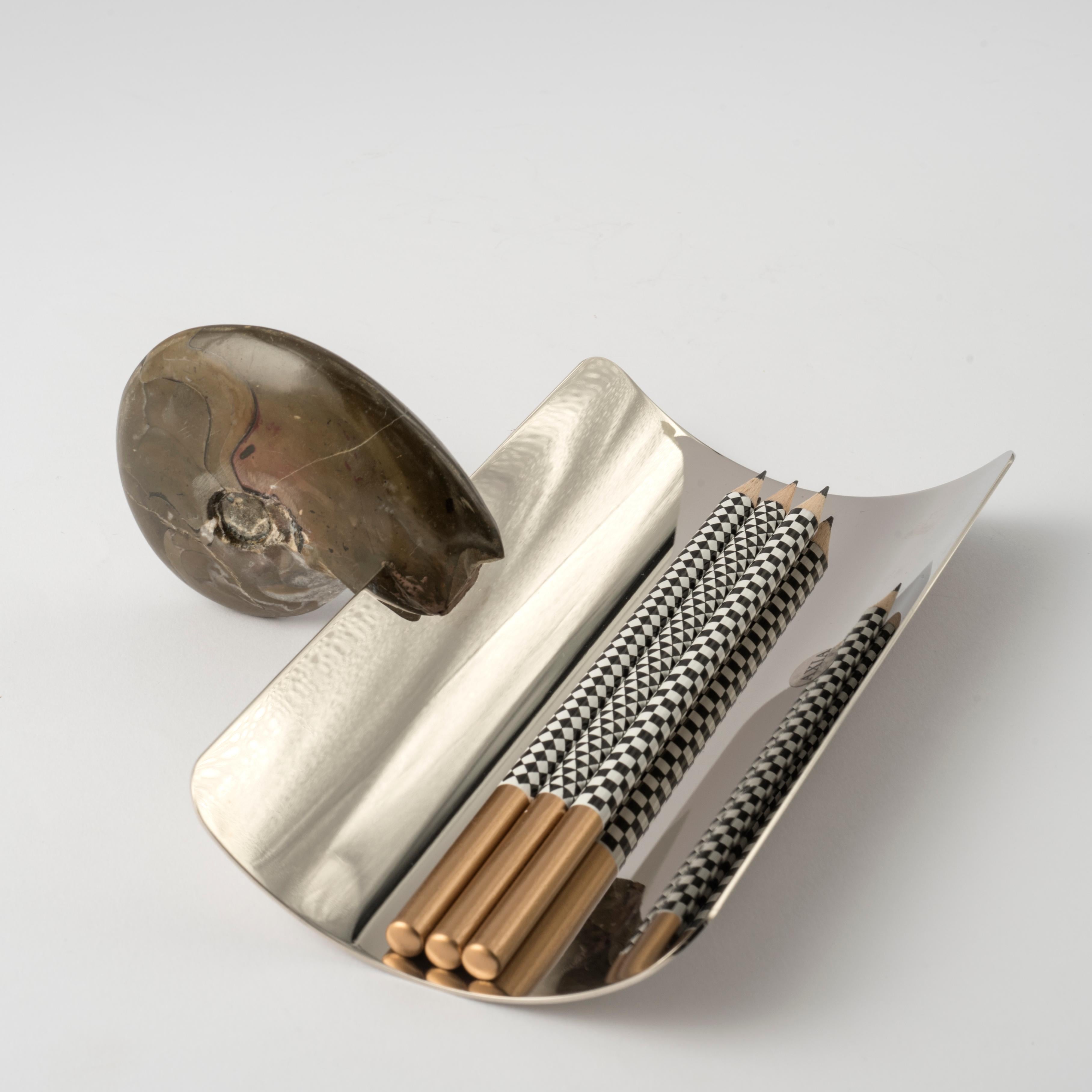 Italian Genuine Fossil Ammonite Pen Holder with Nickel-plated Metal Detail For Sale