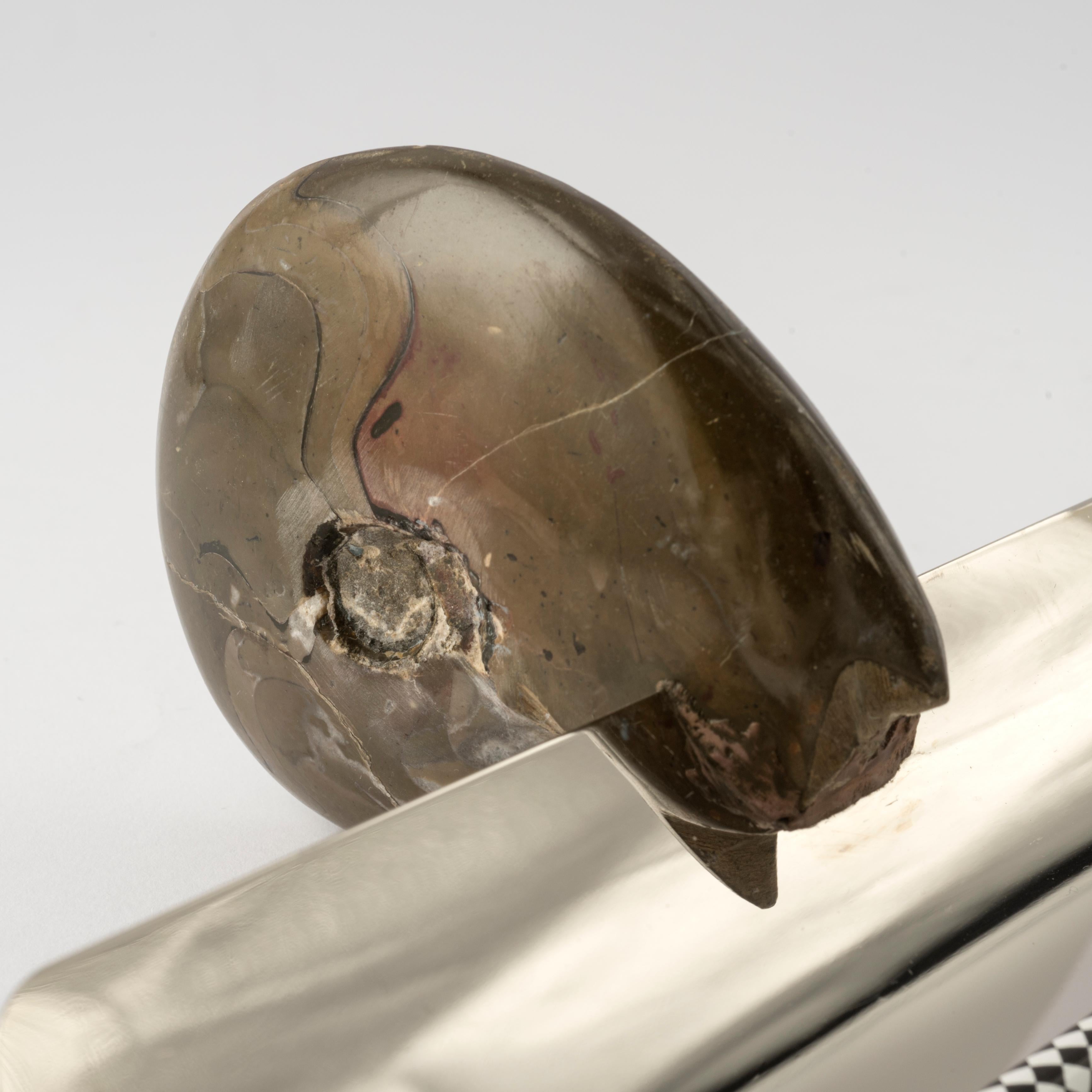 Hand-Crafted Genuine Fossil Ammonite Pen Holder with Nickel-plated Metal Detail For Sale