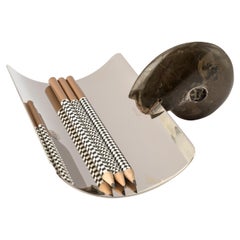 Porte-stylos en ammonite fossile véritable avec détails en métal nickelé