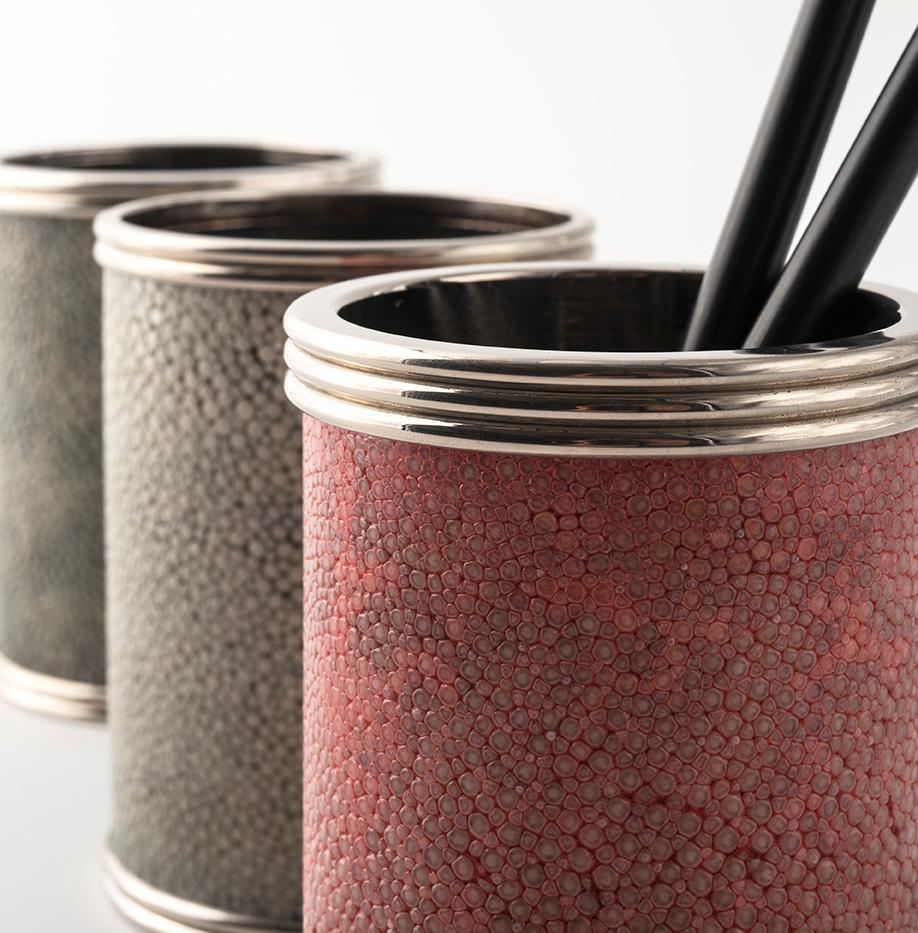 Italian Coral Pink Shagreen Leather Pen Holder - Elegant and Refined Design For Sale