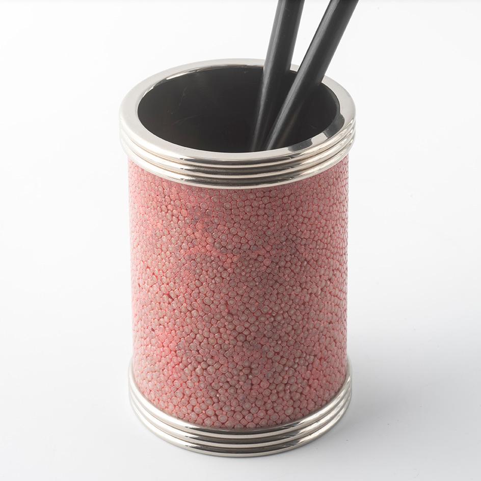 Modern Coral Pink Shagreen Leather Pen Holder - Elegant and Refined Design For Sale