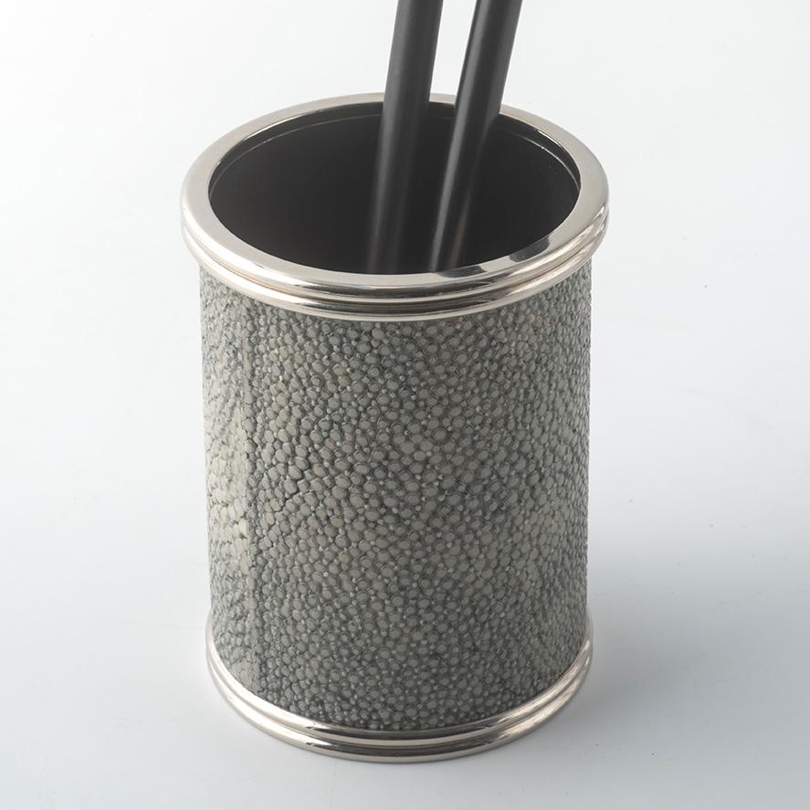 Modern SHAGREEN PEN HOLDER  sage green striped metal details exclusive design For Sale