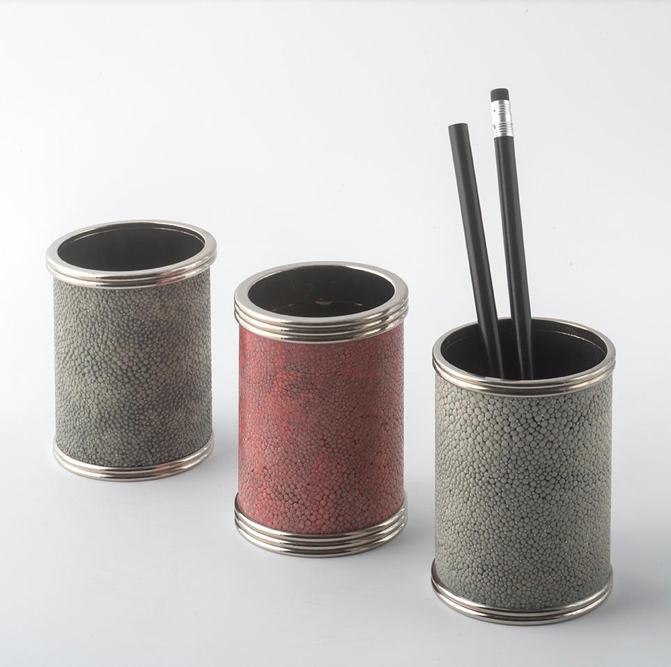Italian SHAGREEN PEN HOLDER  sage green striped metal details exclusive design For Sale