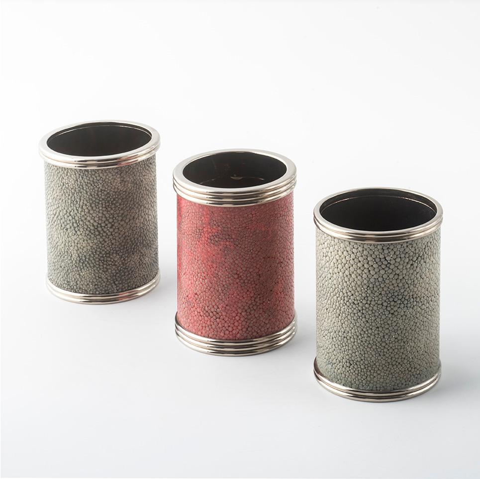 Hand-Crafted SHAGREEN PEN HOLDER  sage green striped metal details exclusive design For Sale