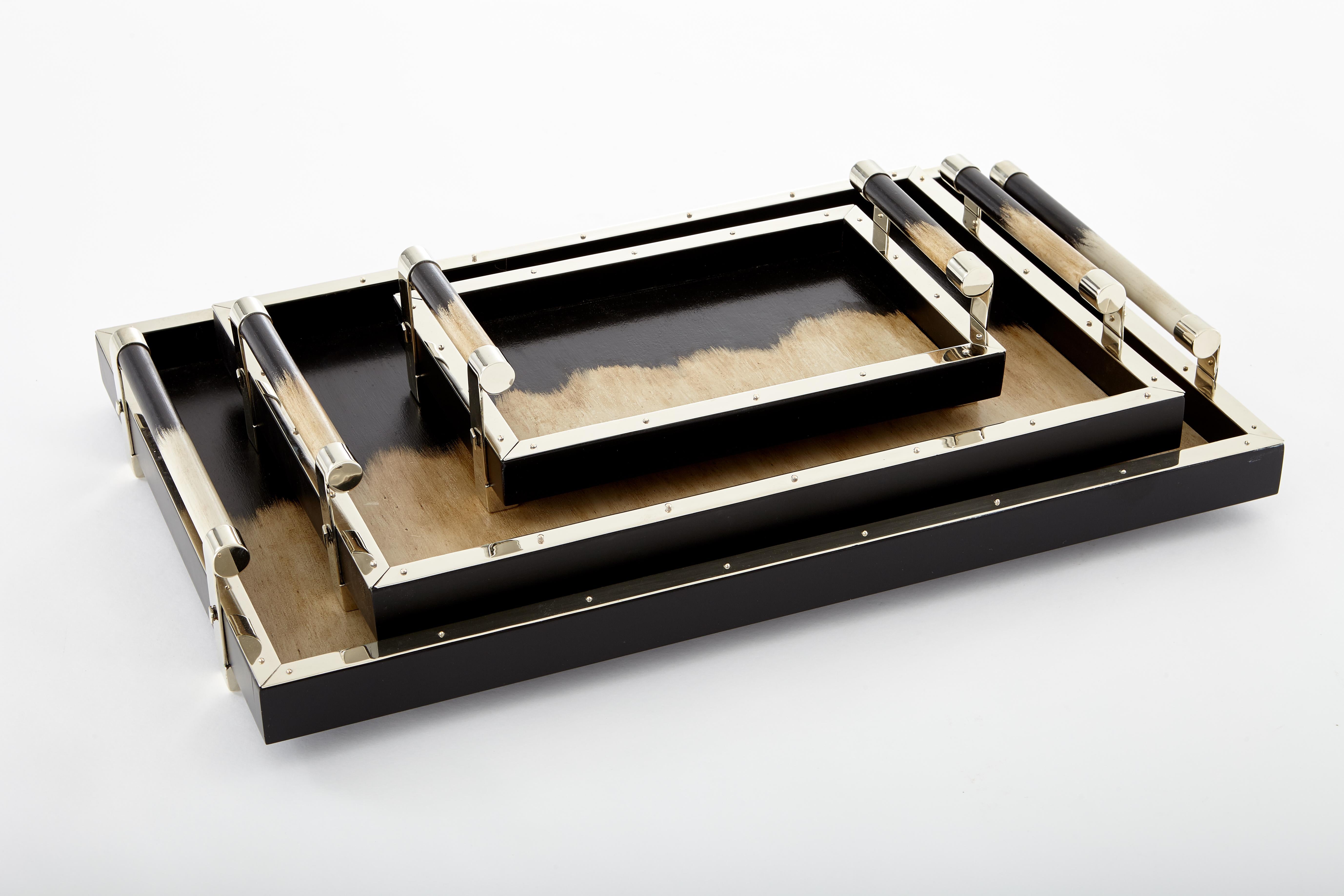 Contemporary Porteño Large Black/Cream Hand Painted Wood and Alpaca Silver Tray For Sale