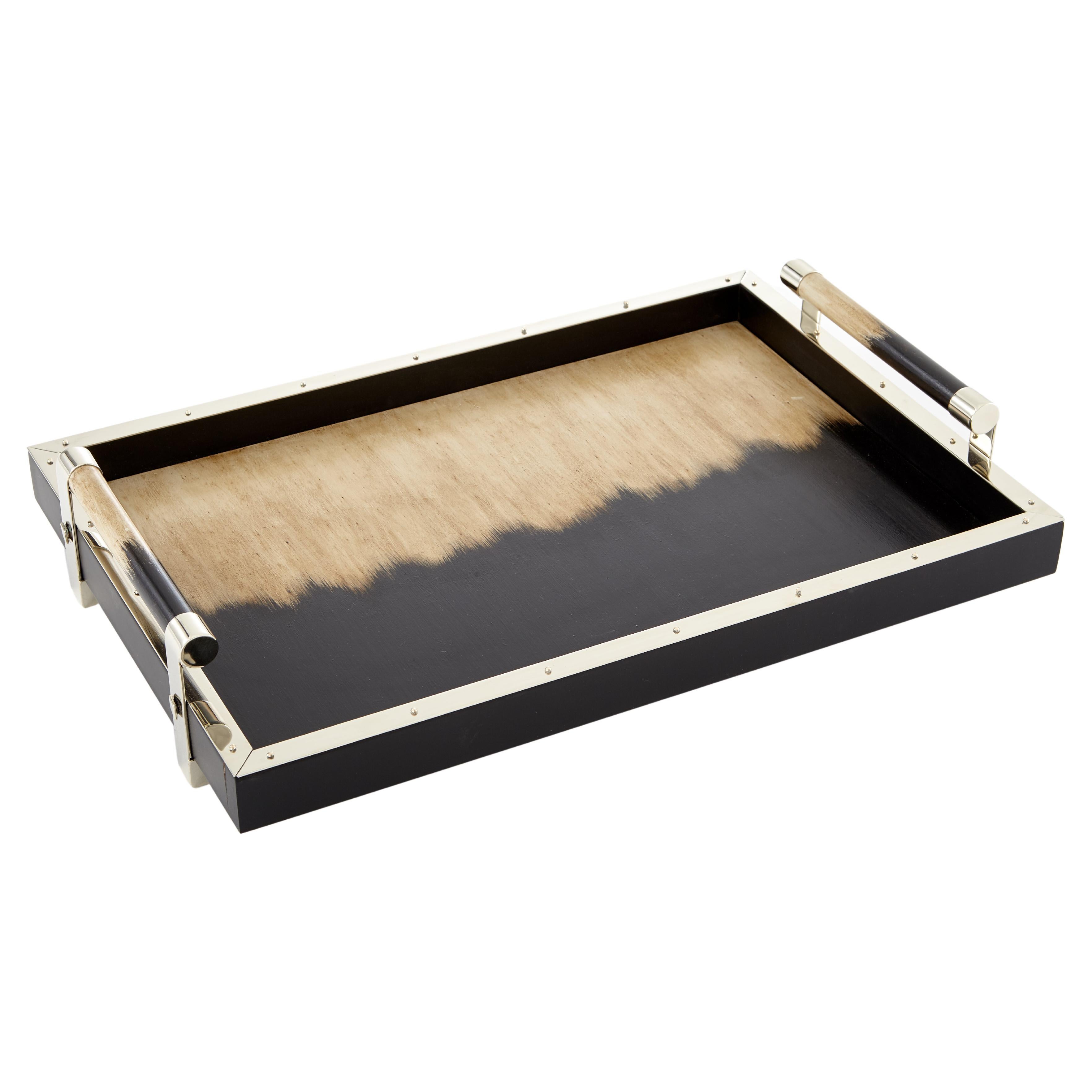 Porteño Large Black/Cream Hand Painted Wood and Alpaca Silver Tray