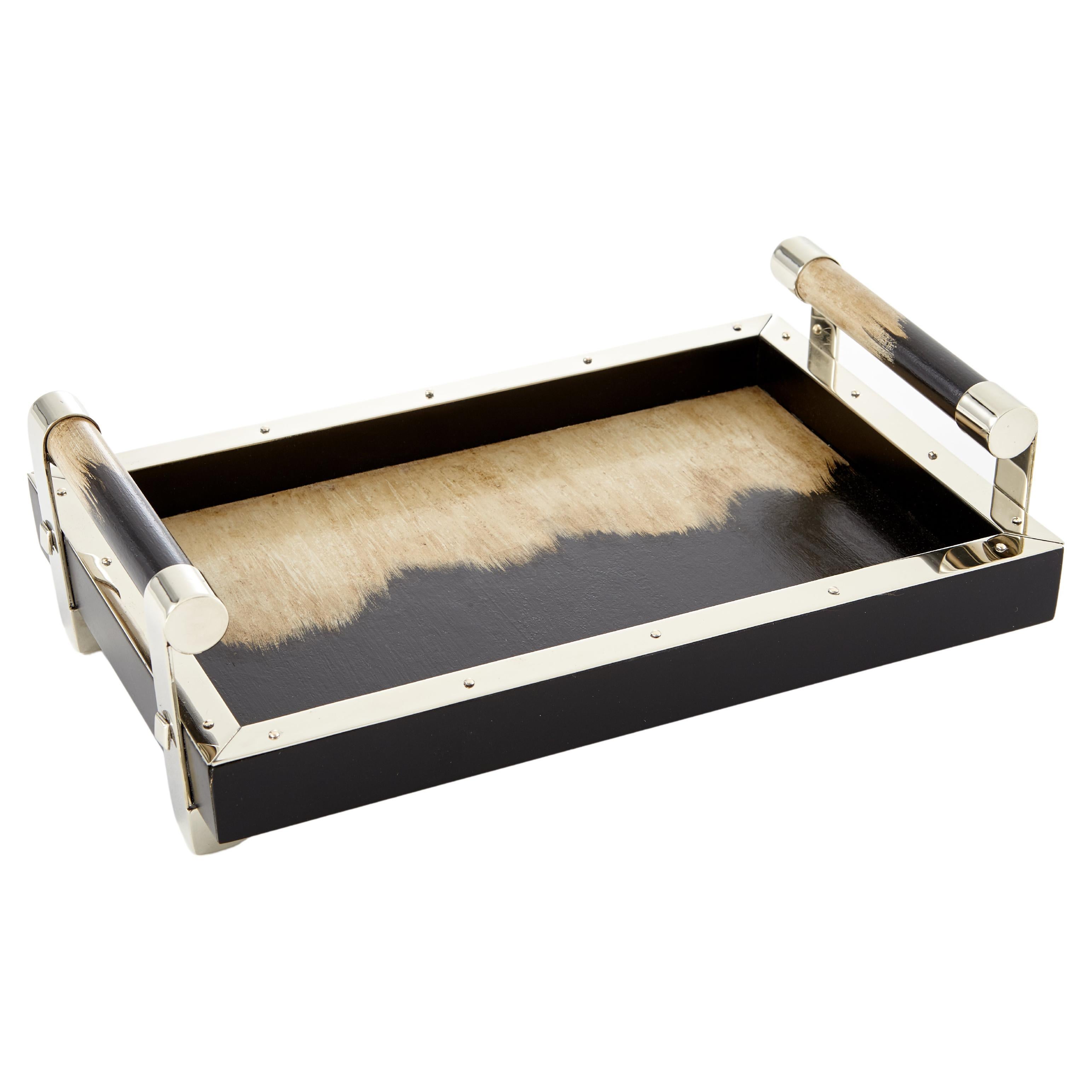 PORTEÑO Small Black & Cream Hand Painted Wood Tray For Sale