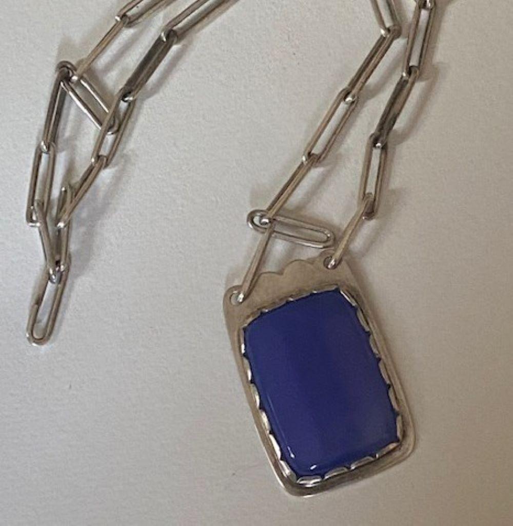 Modernist Porter Blanchard Silver Link Necklace with Silver and Blue Chalcedony Pendant For Sale