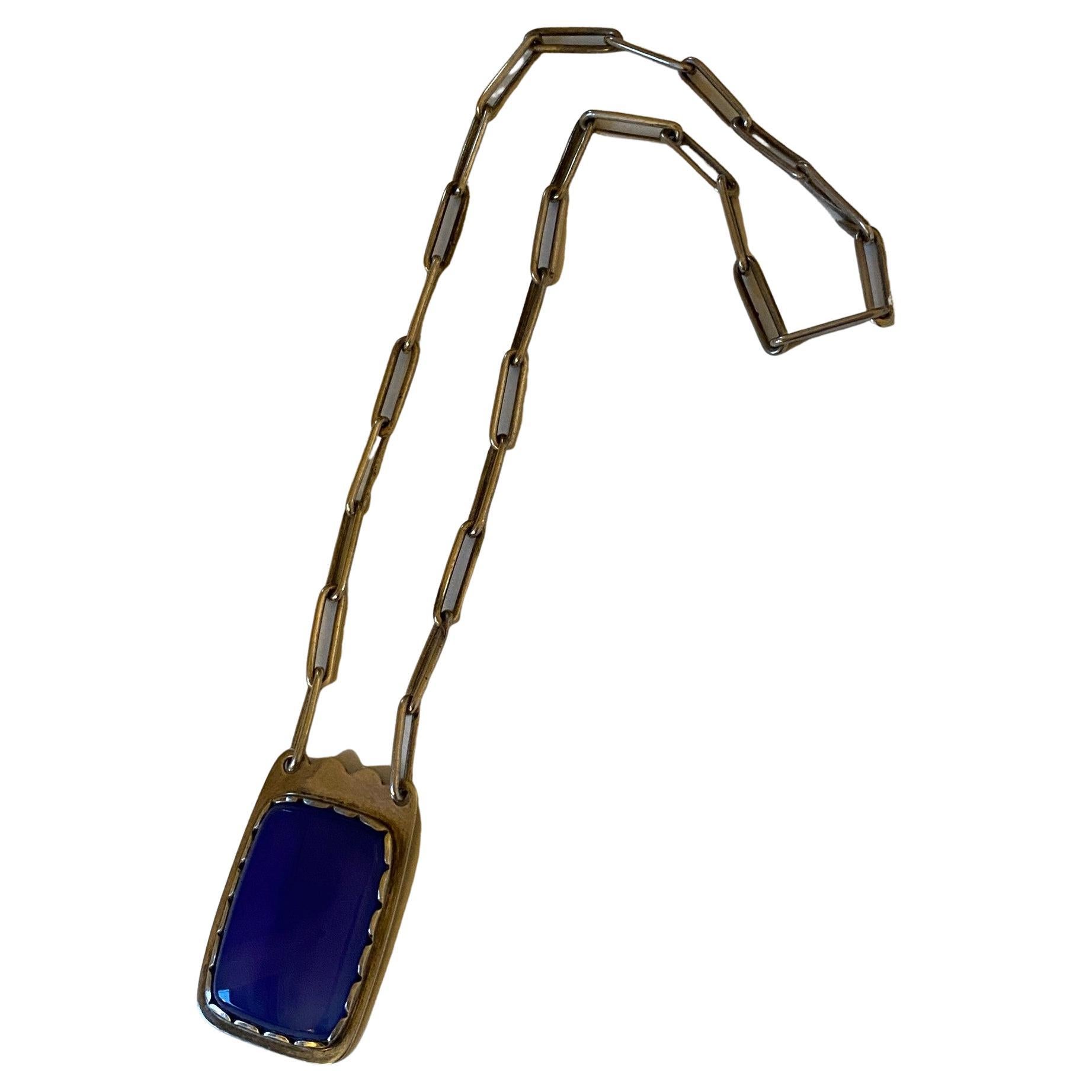 Porter Blanchard Silver Link Necklace with Silver and Blue Chalcedony Pendant For Sale