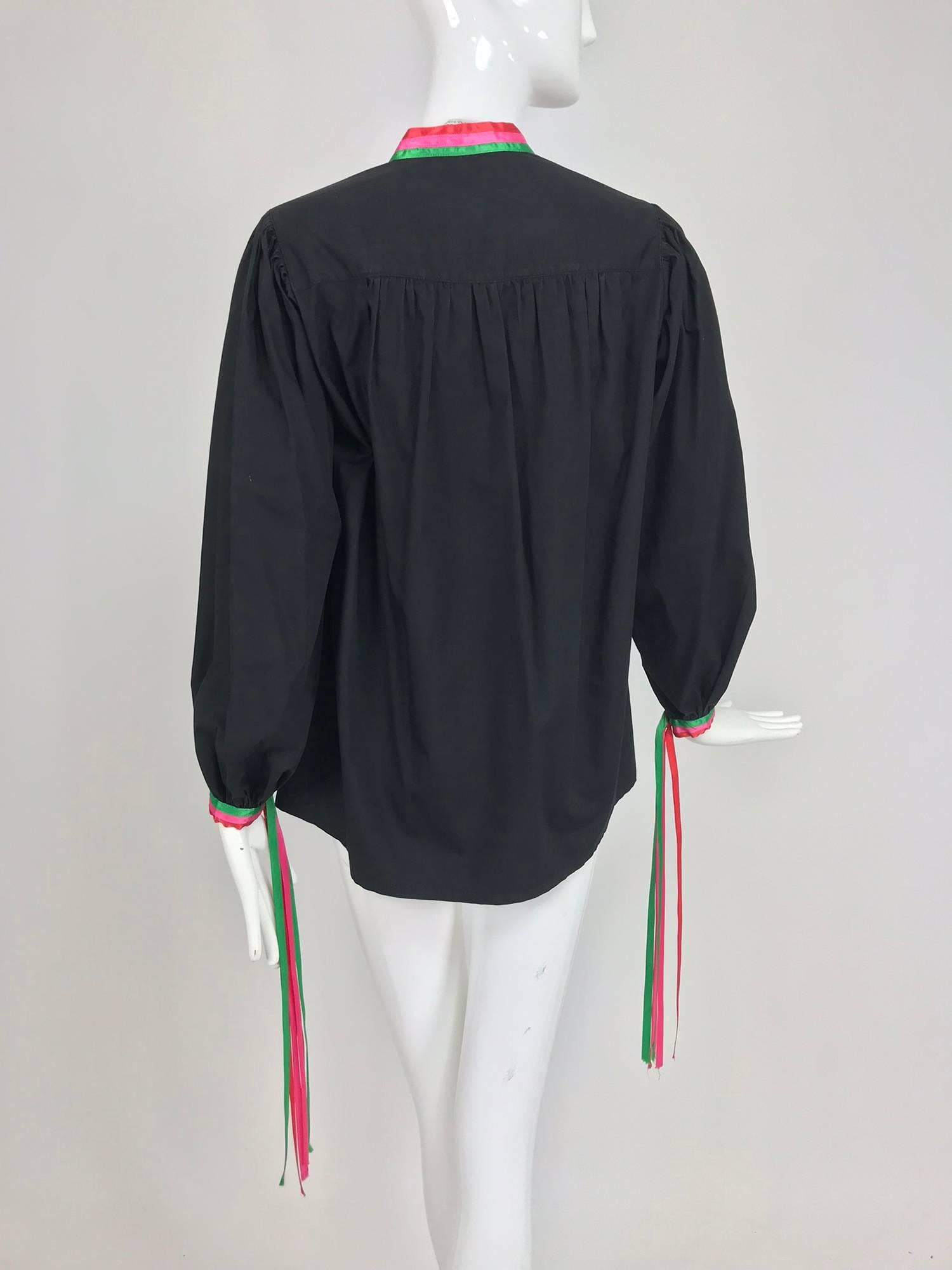 Porter House Regina Porter black cotton ribbon trim peasant blouse 1970s In Good Condition In West Palm Beach, FL