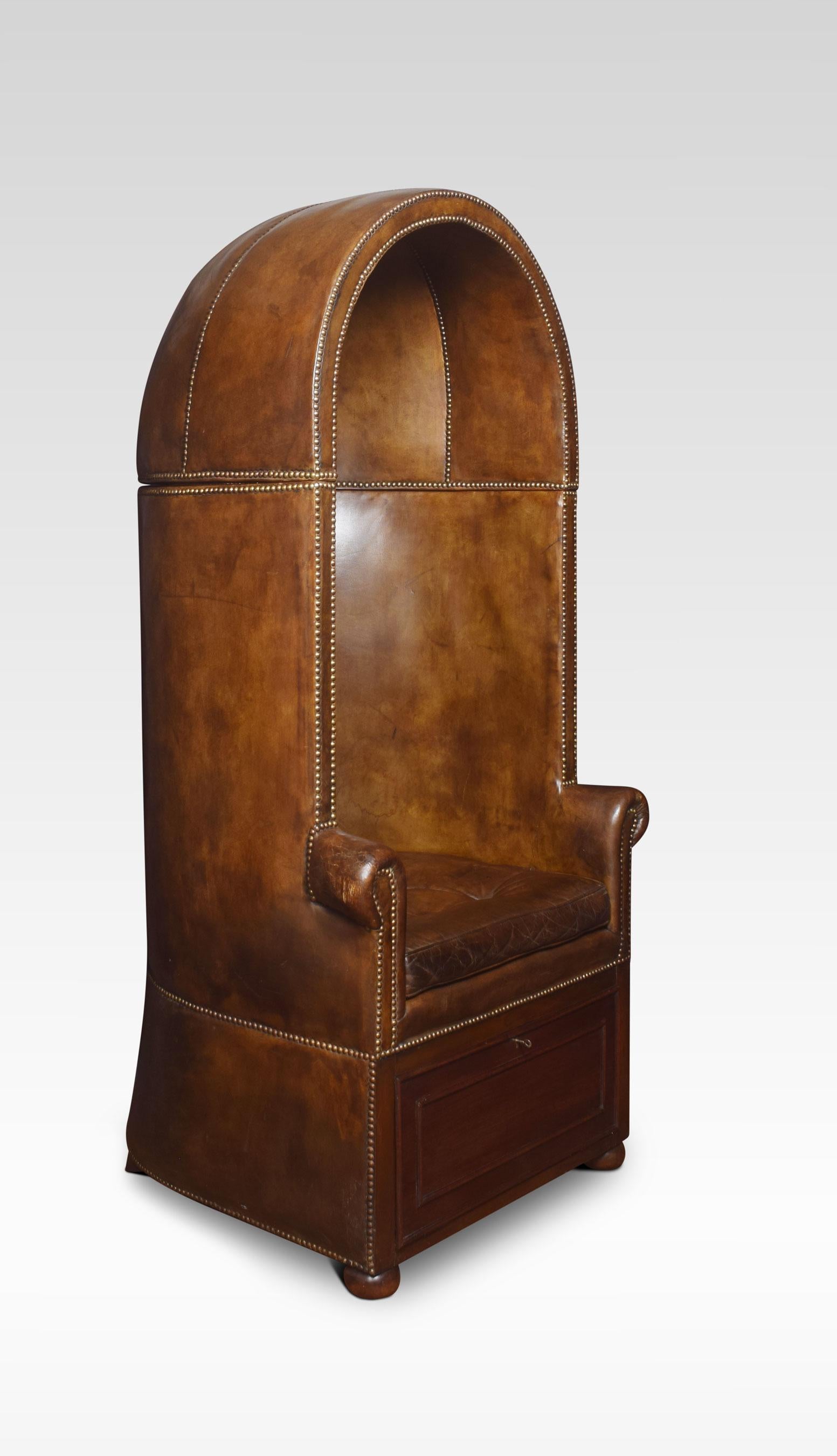 Regency style hall porter’s chair the domed top, back, sides, and seat covered in close-nailed leather. To the base fitted with a cupboard, all raised up on bun feet.
Dimensions:
Height 69.5 inches height to seat 22 inches
Width 34 inches
Depth