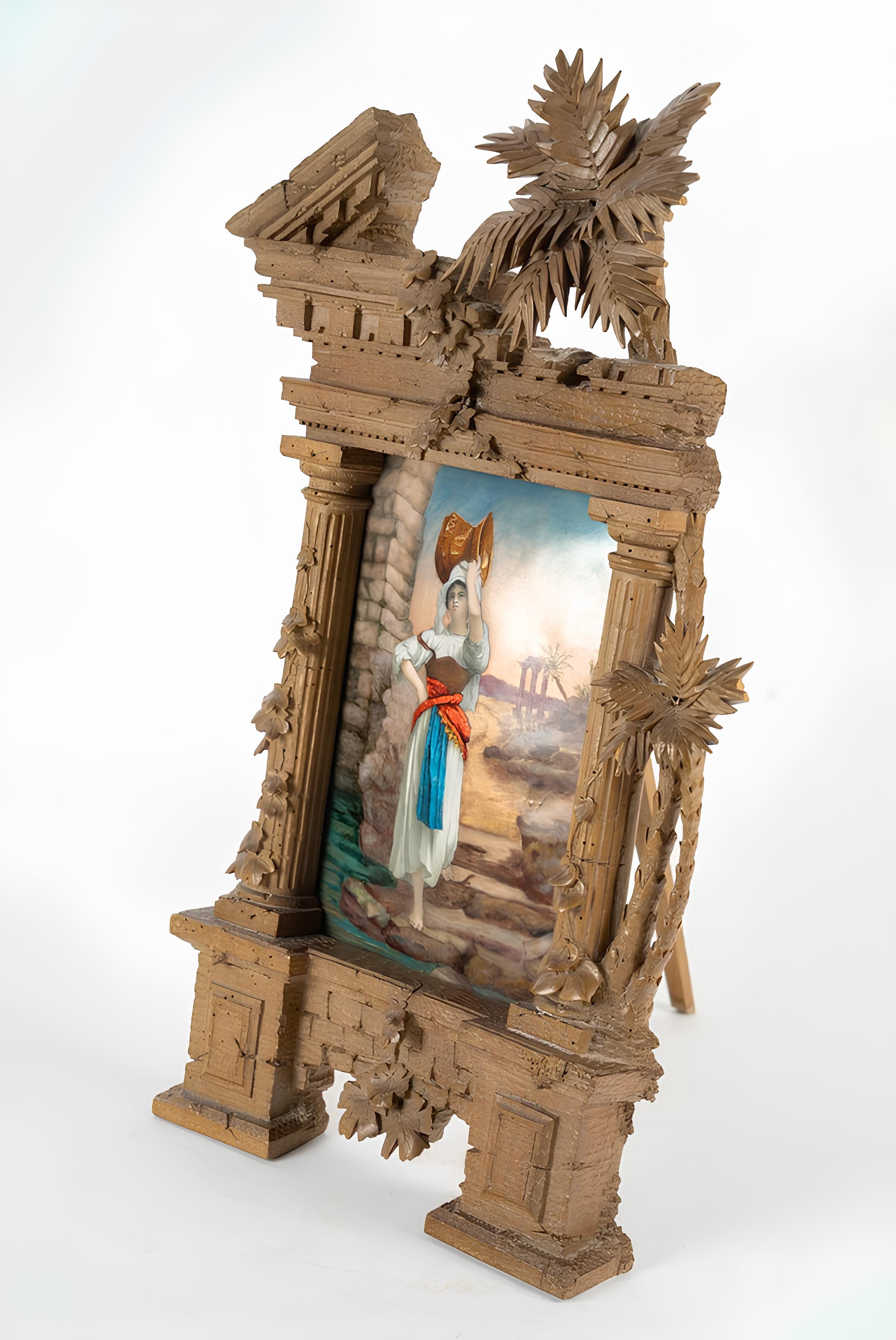 La Porteuse d’Eau (The Water Carrier),
A late 19th or early 20thC French Art Nouveau enameled copper plaque

Orientalist hand-painted polychromed enamel of a young female water carrier arriving at the water source carrying a large water jug on her