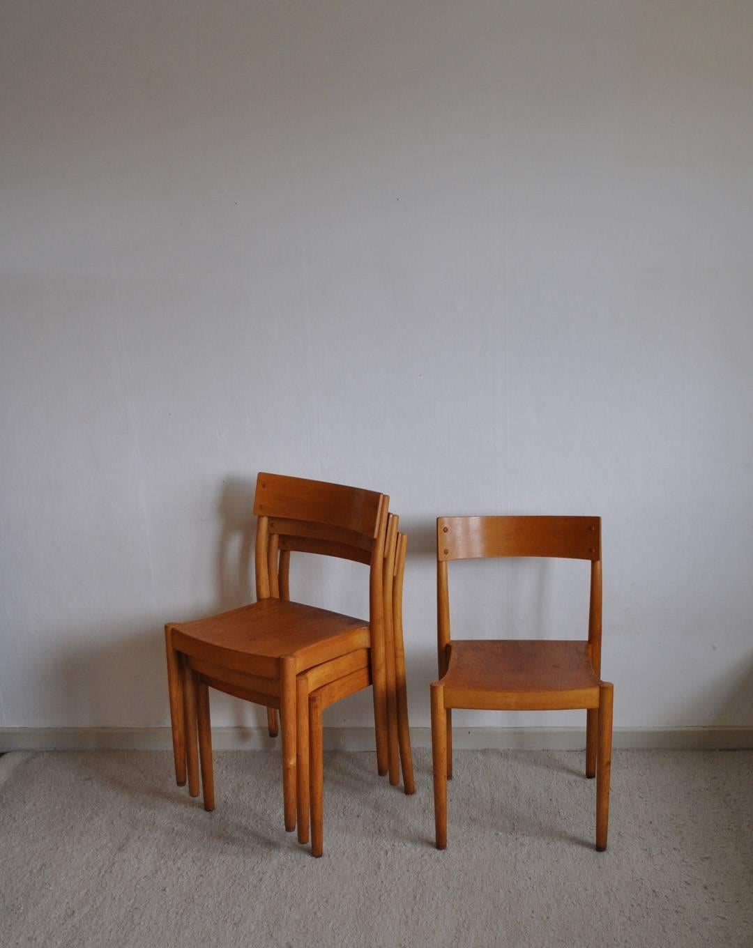 Portex stackable chairs designed by Peter Hvidt & Orla Mølgaard-Nielsen and produced by Fritz Hansen, circa 1940. Made of beech
The Portex series was mainly exported to the American occupation forces in Germany. Price a piece.

Dimensions:
Width