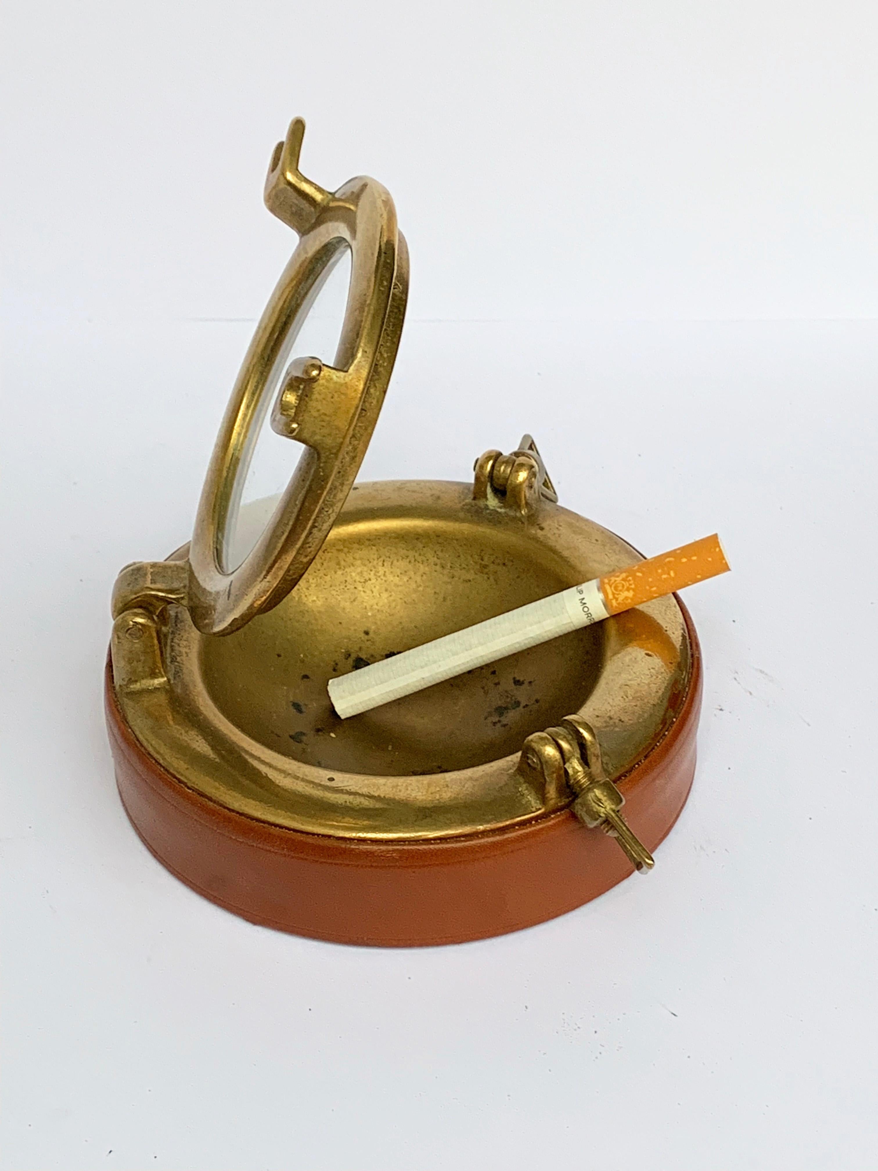 Italian Porthole, Ashtray in Brass and Leather, 1960s Designed by Gucci, Italy, 1960s