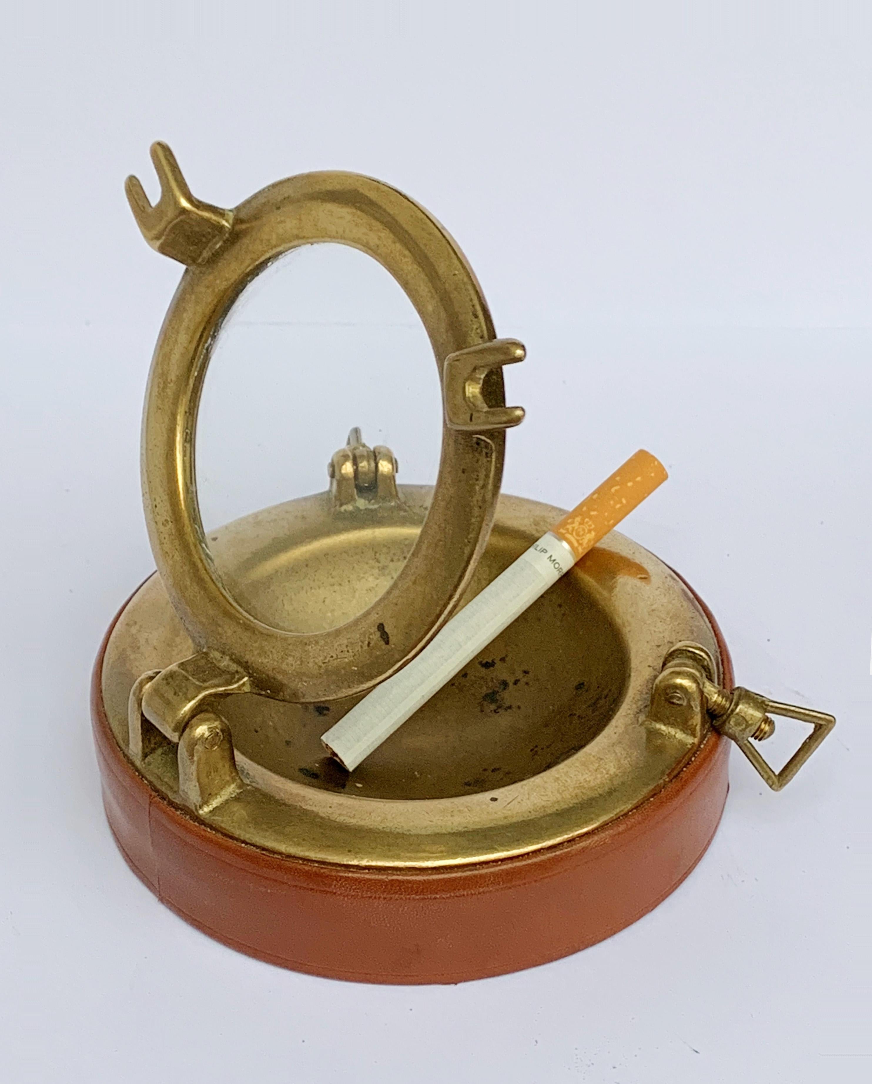 Glass Porthole, Ashtray in Brass and Leather, 1960s Designed by Gucci, Italy, 1960s