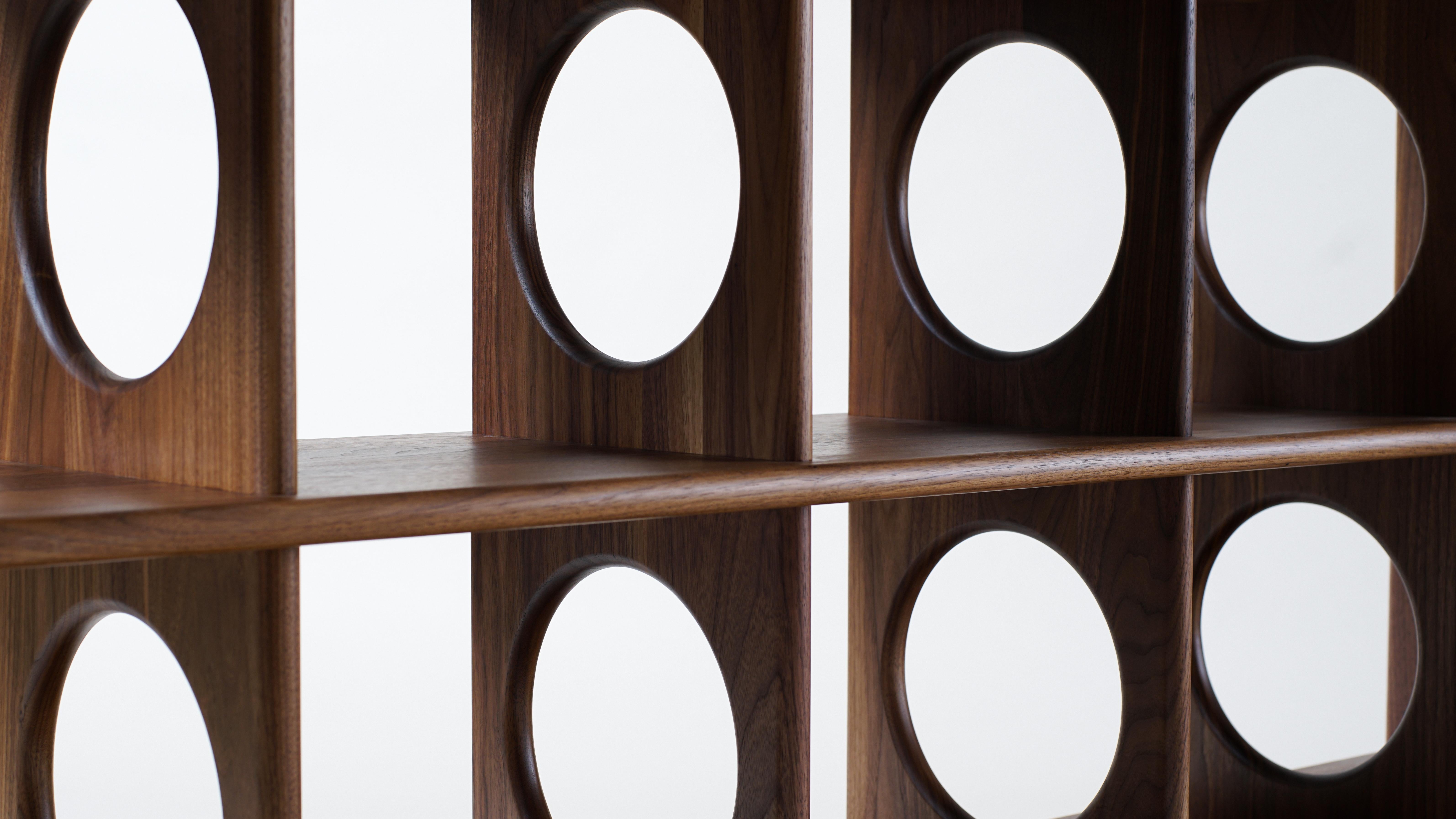 Joinery Porthole Shelving System, Handcrafted Modern Solid Wood Shelving System For Sale