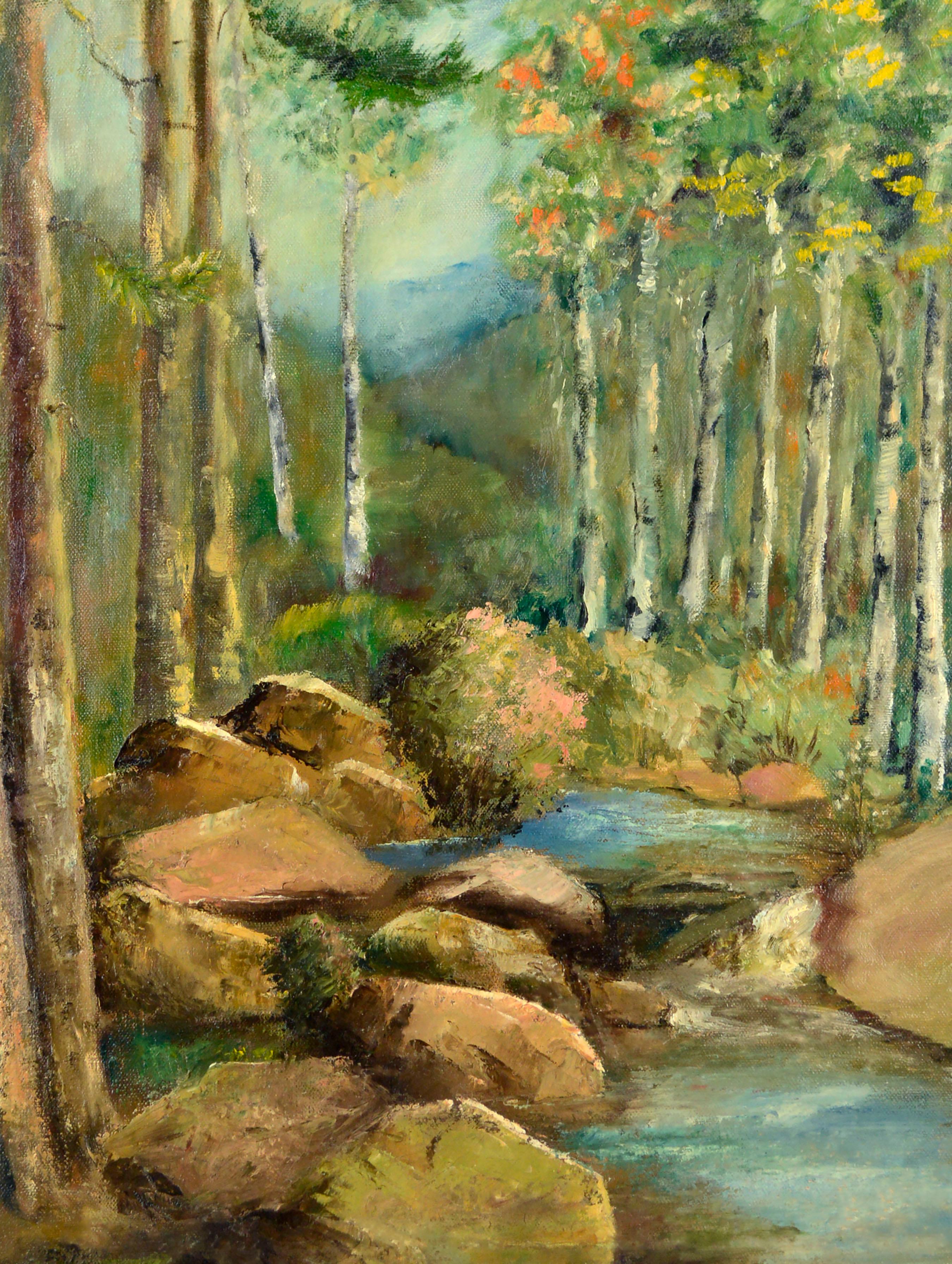 Mid Century Forest Stream Landscape with Birch Trees and Boulders  - Painting by Portia Barnes