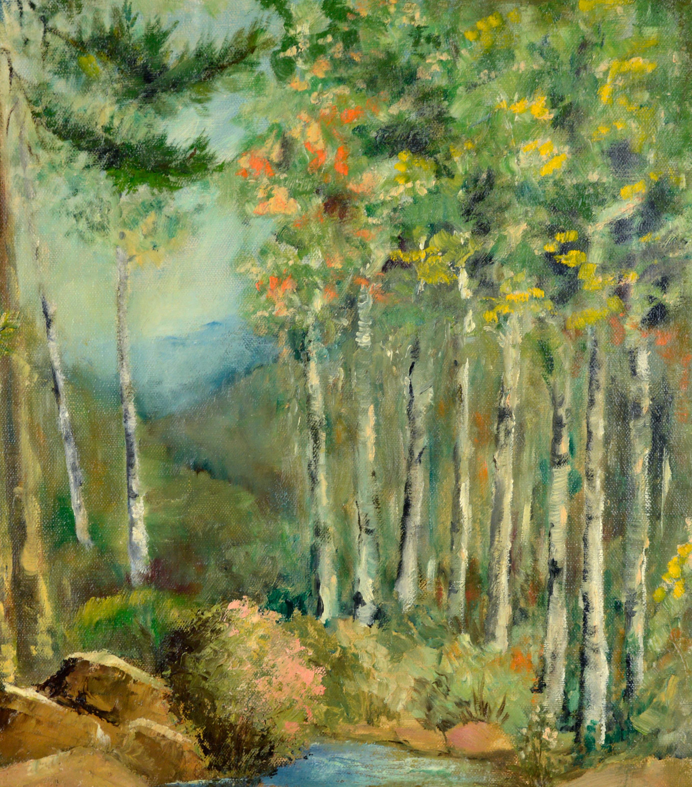 Paesaggio di ruscello forestale di metà secolo con betulle e massi - Painting Impressionismo americano di Portia Barnes