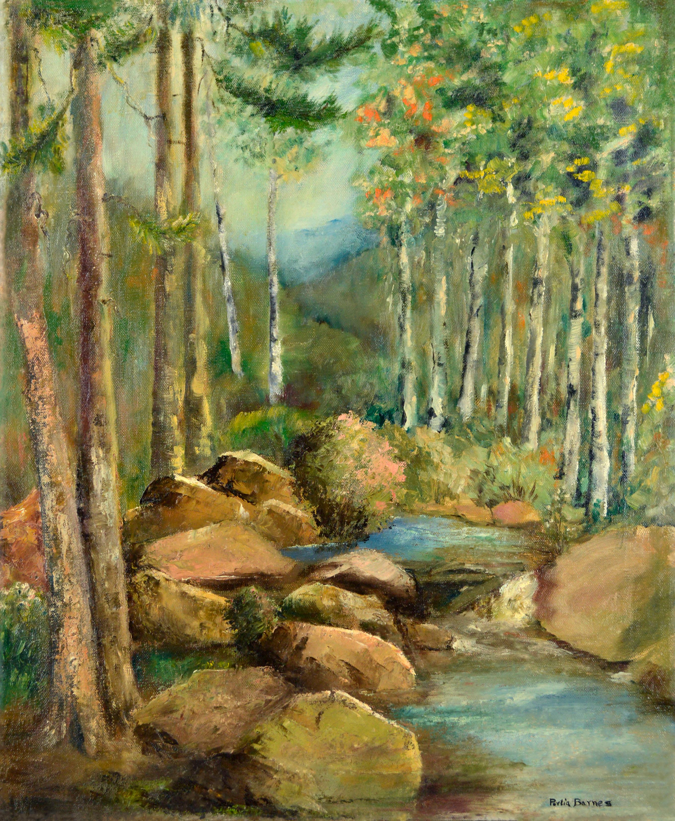 Portia Barnes Landscape Painting - Mid Century Forest Stream Landscape with Birch Trees and Boulders 