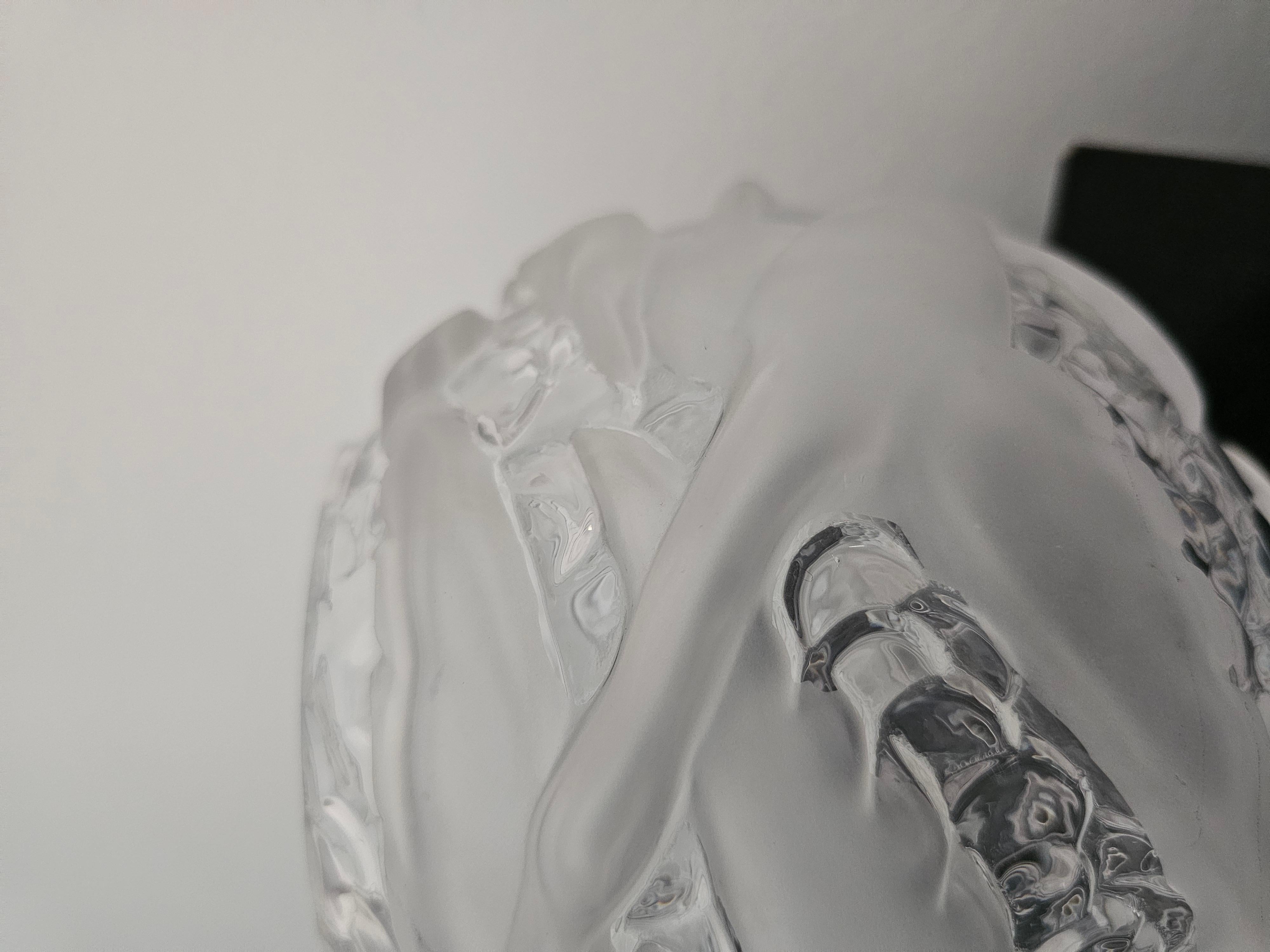 Vaso di cristallo francese Portieux (marchio France Portieux). Questo oggetto decorativo con vetro trasparente e vetro smerigliato è molto particolare. Ha una decorazione rotante in rilievo che raffigura degli uccelli. Corpo quasi sferico. Davvero
