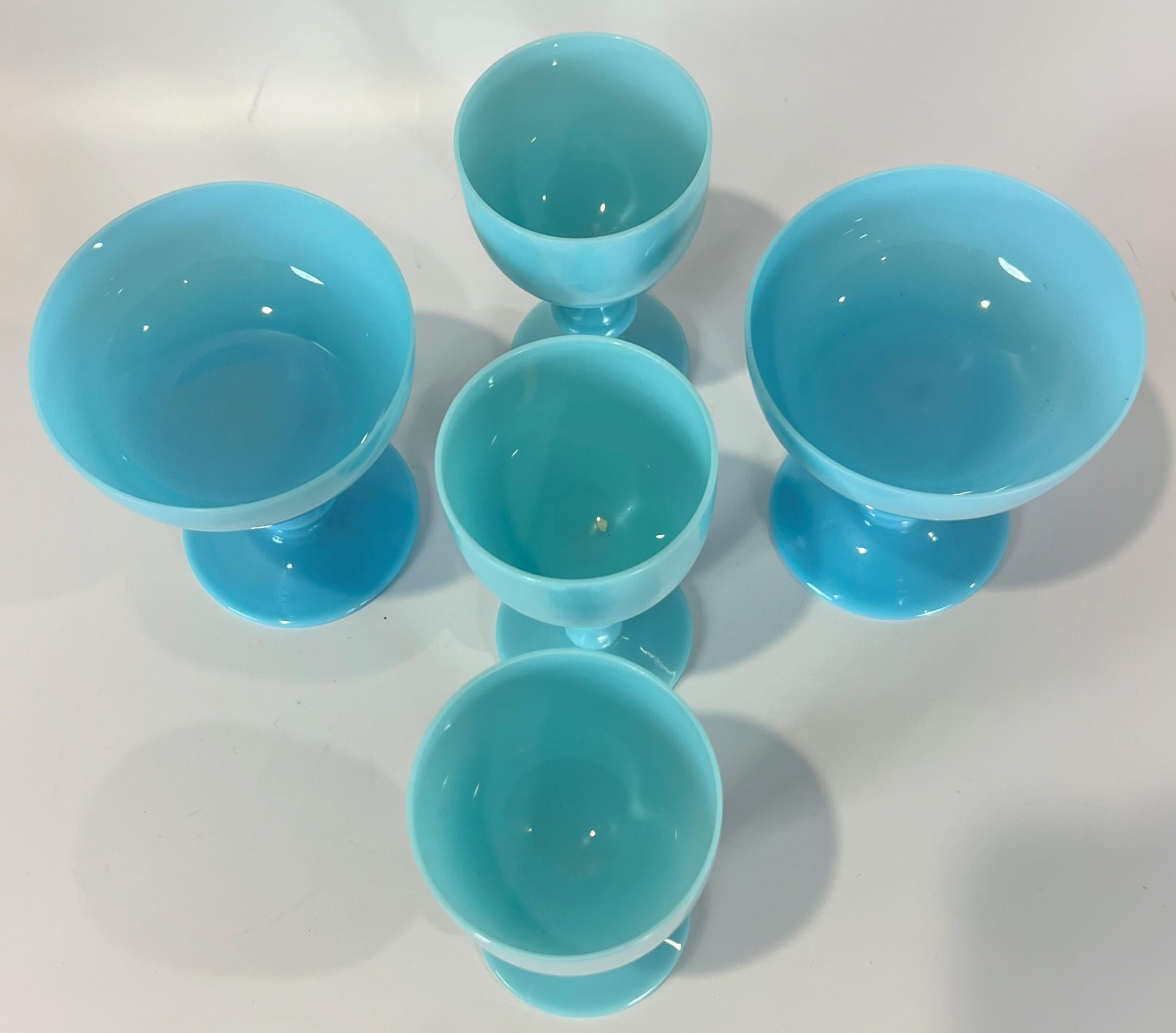 French Portieux Vallerysthal Blue Opaline '2' Cordial '2' Sherbert Glasses 1930's +1 For Sale