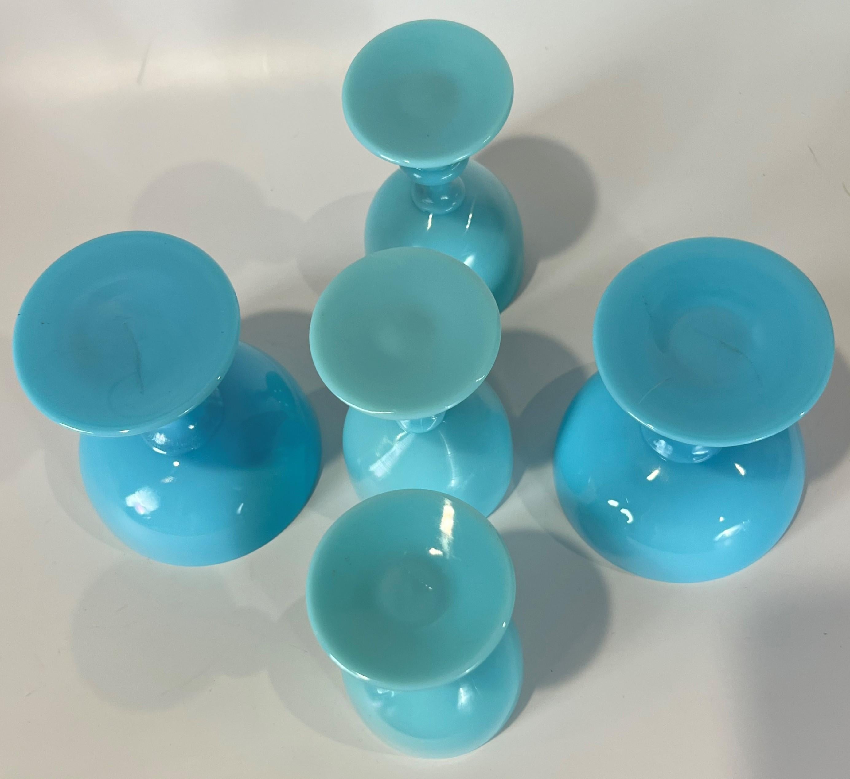 Hand-Crafted Portieux Vallerysthal Blue Opaline '2' Cordial '2' Sherbert Glasses 1930's +1 For Sale