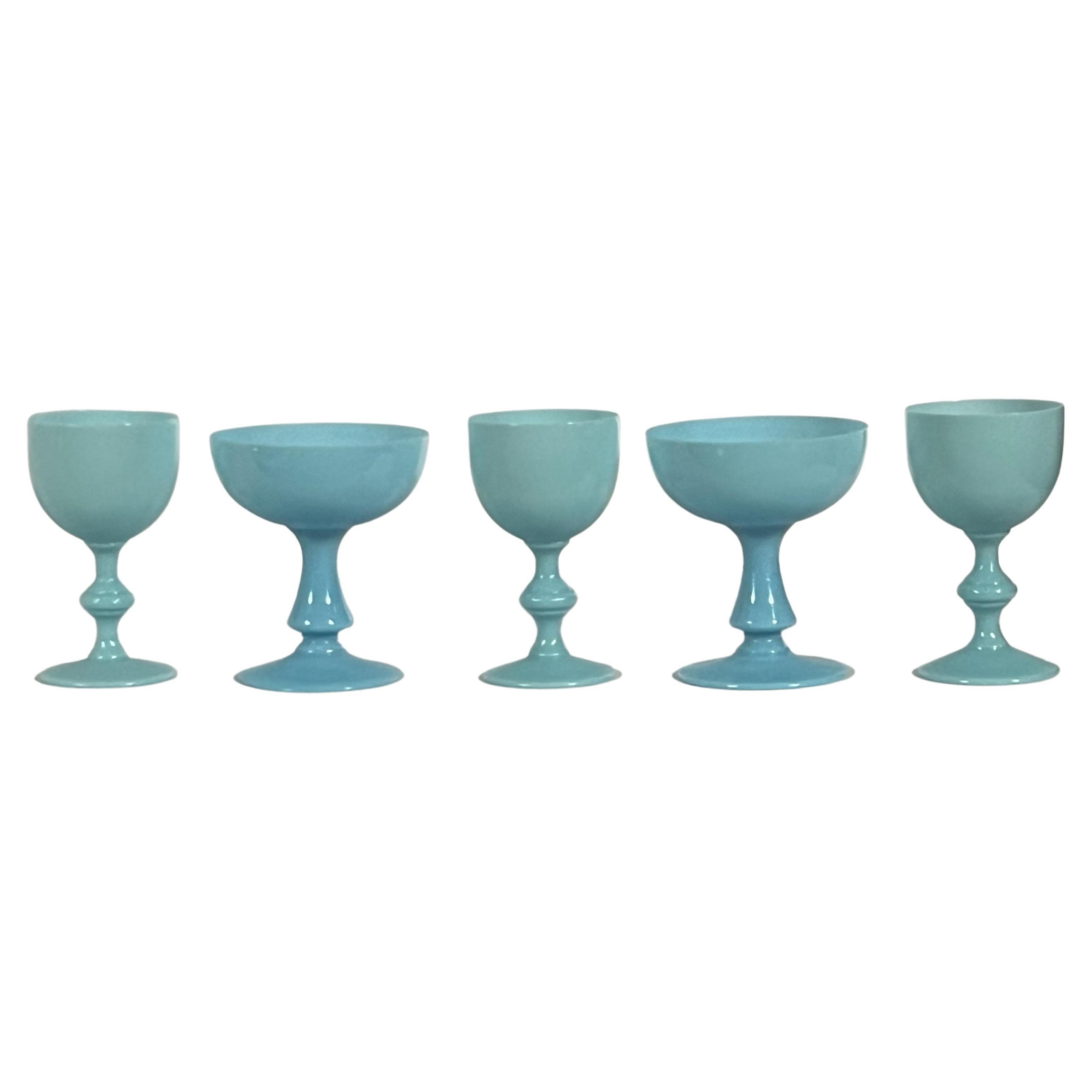 Portieux Vallerysthal Blue Opaline '2' Cordial '2' Sherbert Glasses 1930's +1