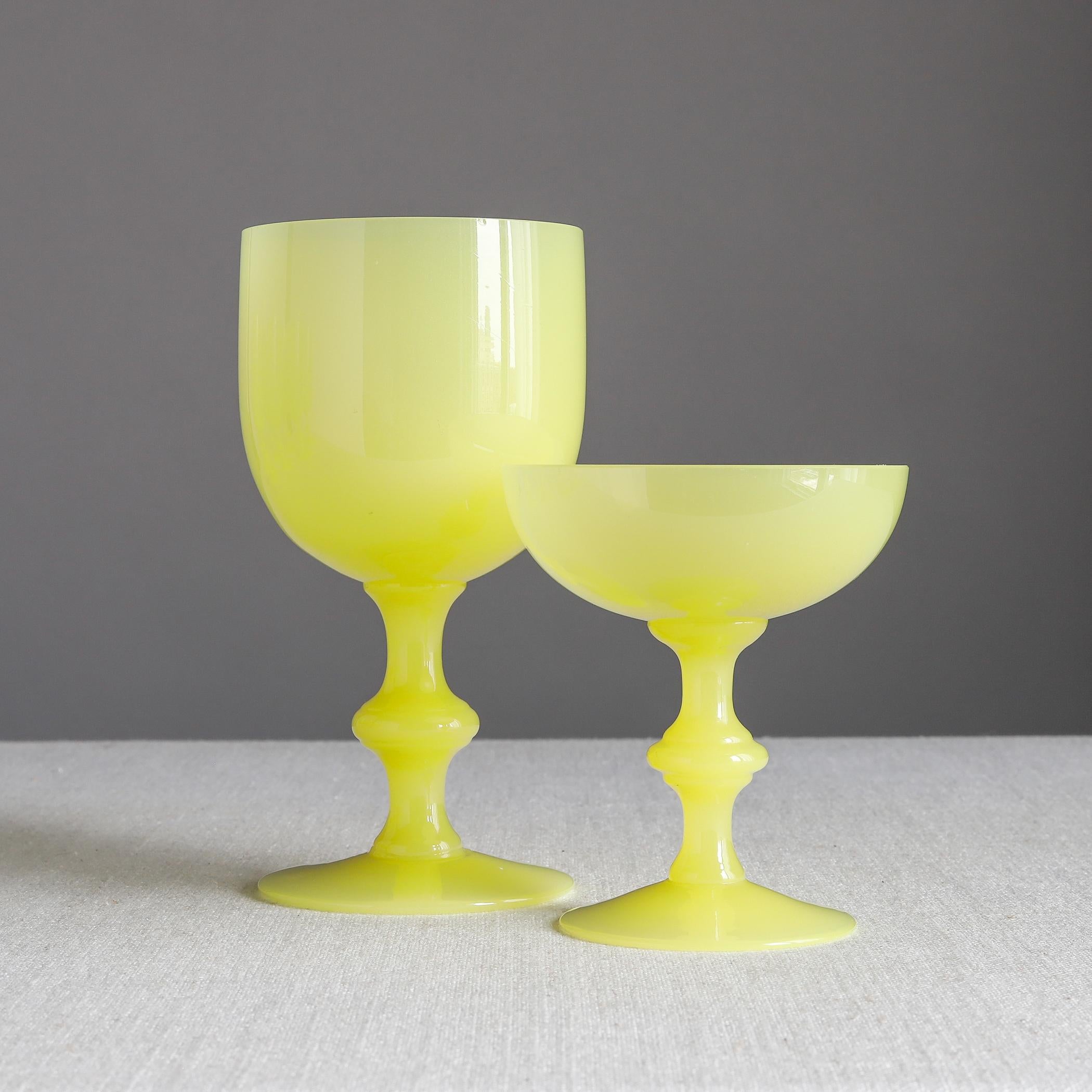 Portieux Vallerysthal Eight Yellow Opaline Glass Goblets, Wine Water Glasses 2