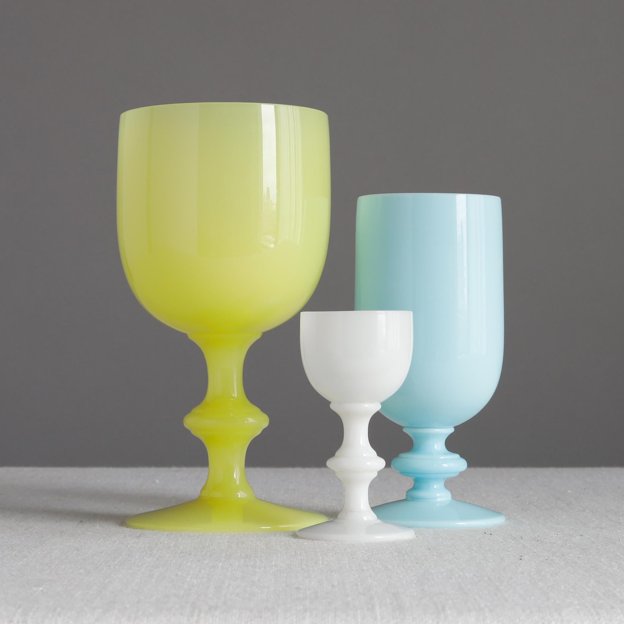 Portieux Vallerysthal Eight Yellow Opaline Glass Goblets, Wine Water Glasses 3