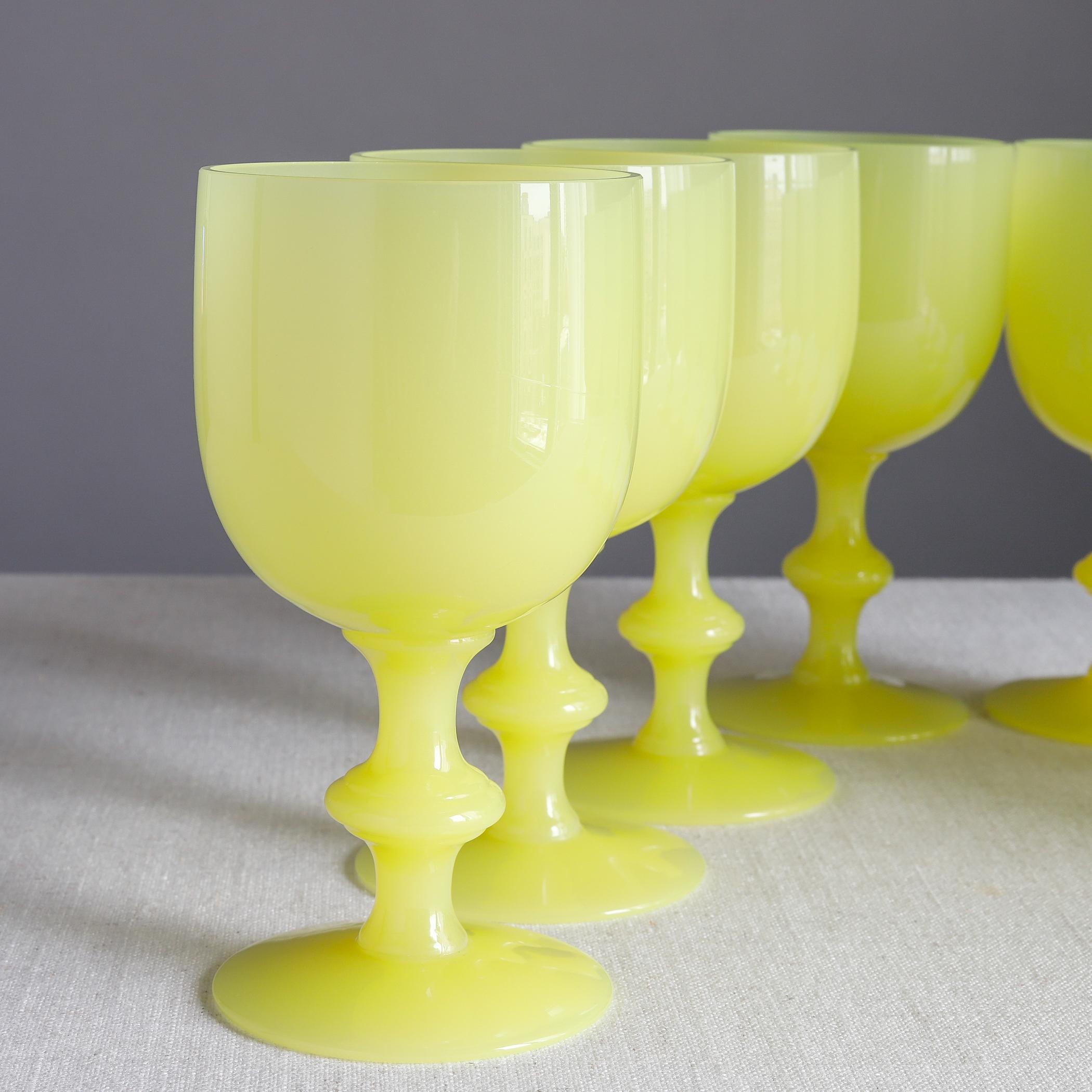 Mid-Century Modern Portieux Vallerysthal Eight Yellow Opaline Glass Goblets, Wine Water Glasses