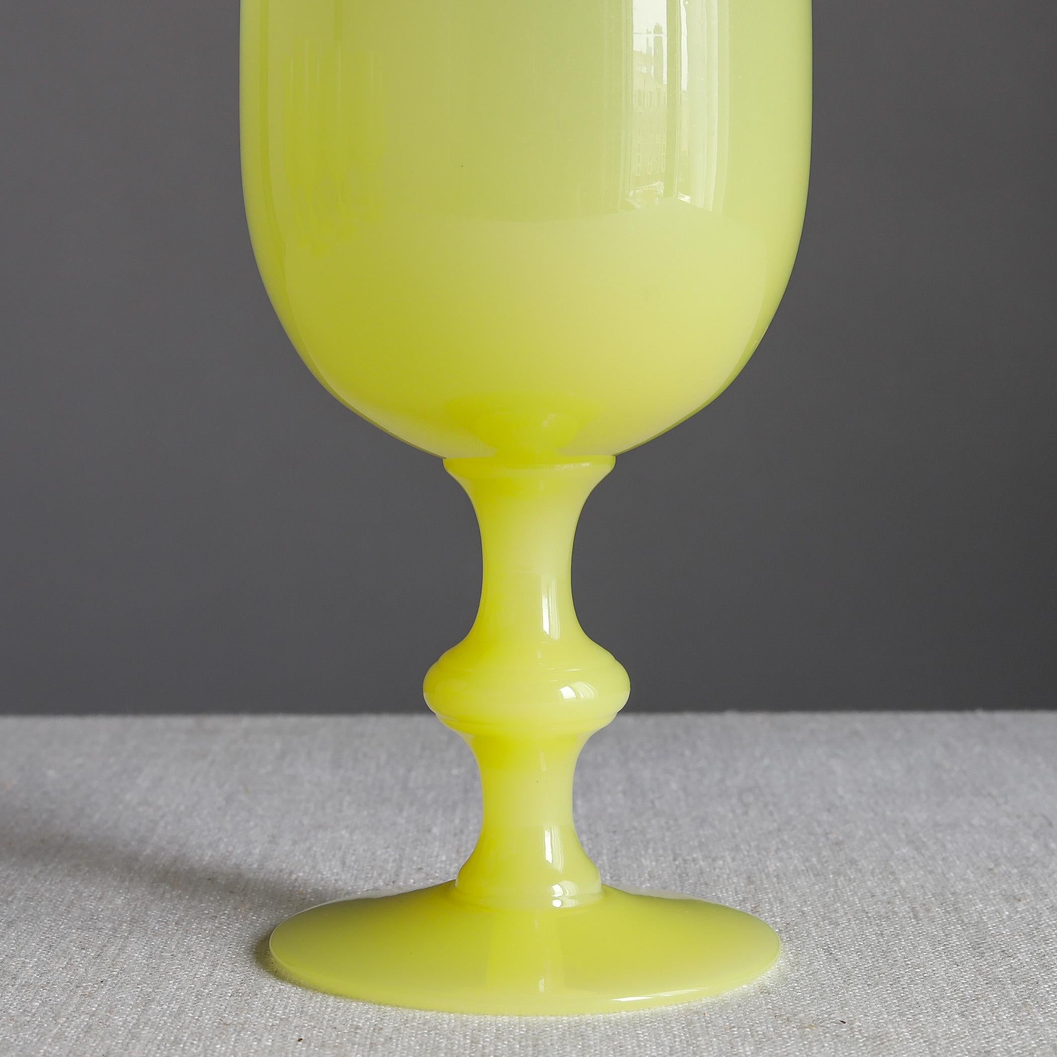 French Portieux Vallerysthal Eight Yellow Opaline Glass Goblets, Wine Water Glasses