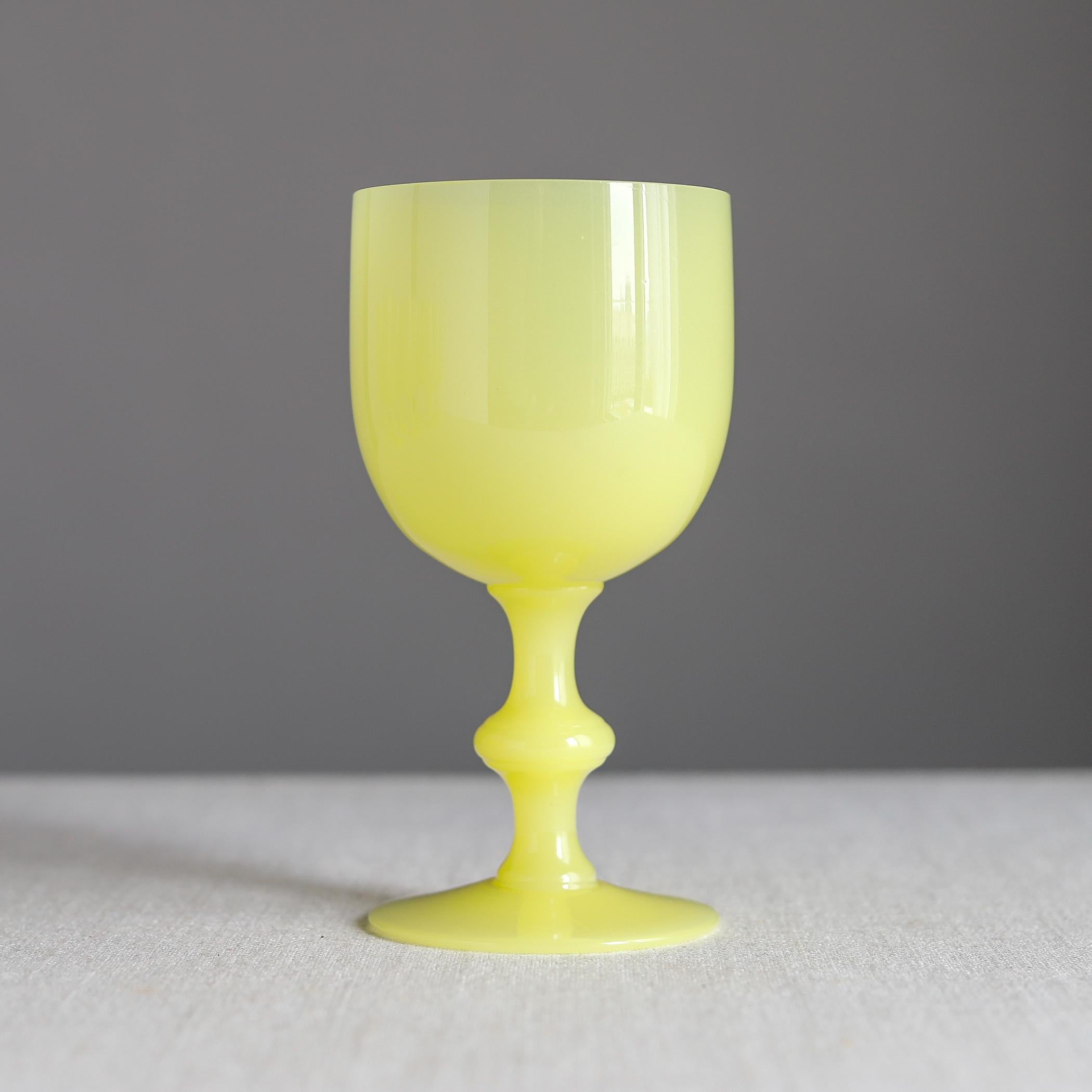 Portieux Vallerysthal Eight Yellow Opaline Glass Goblets, Wine Water Glasses In Good Condition In Raleigh, NC
