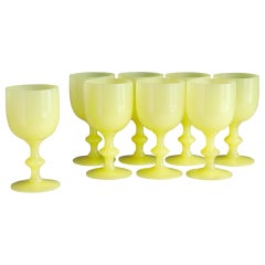 Portieux Vallerysthal Eight Yellow Opaline Glass Goblets, Wine Water Glasses