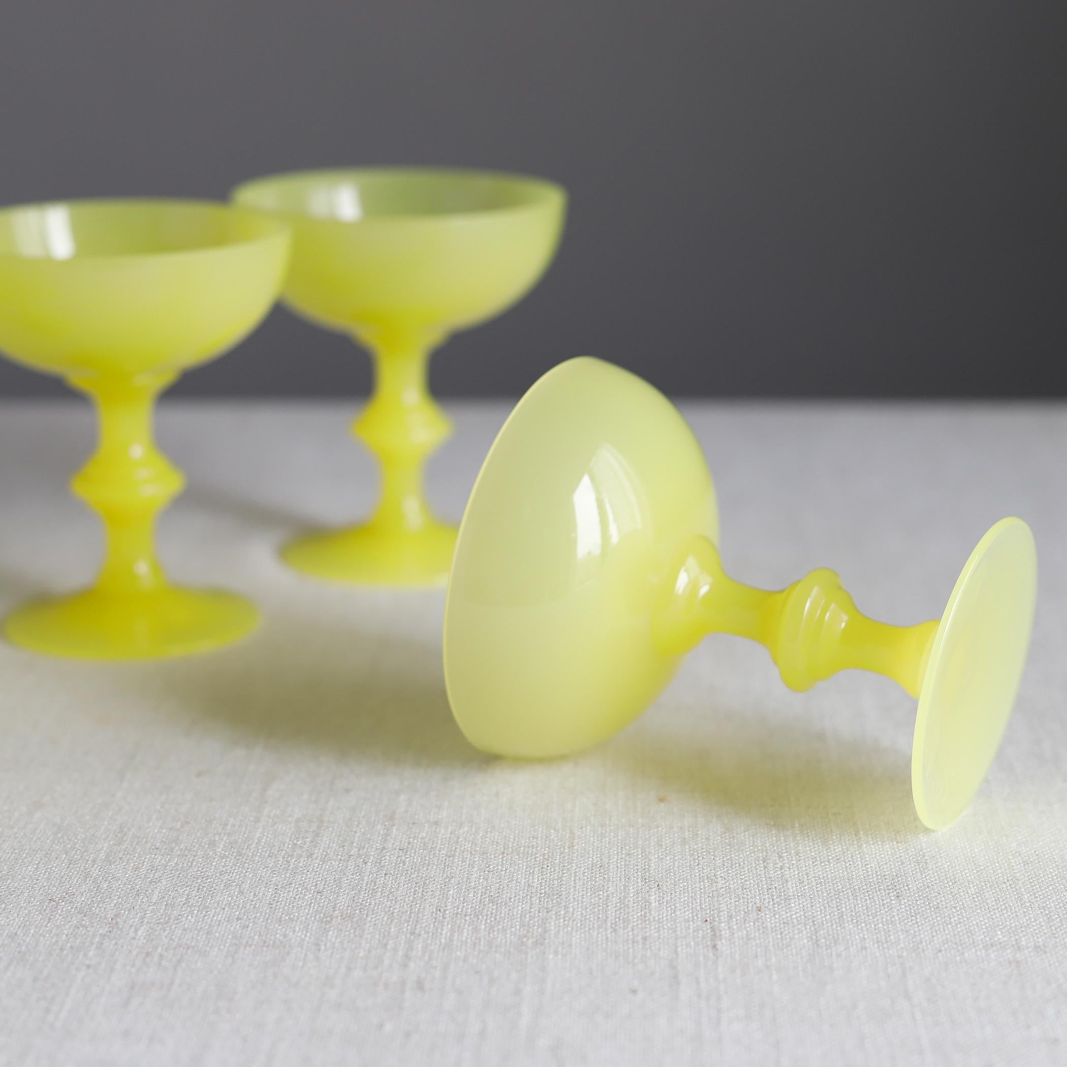 Mid-Century Modern Portieux Vallerysthal Five Yellow Opaline Glass Champagne Coupes Sherbet Glasses