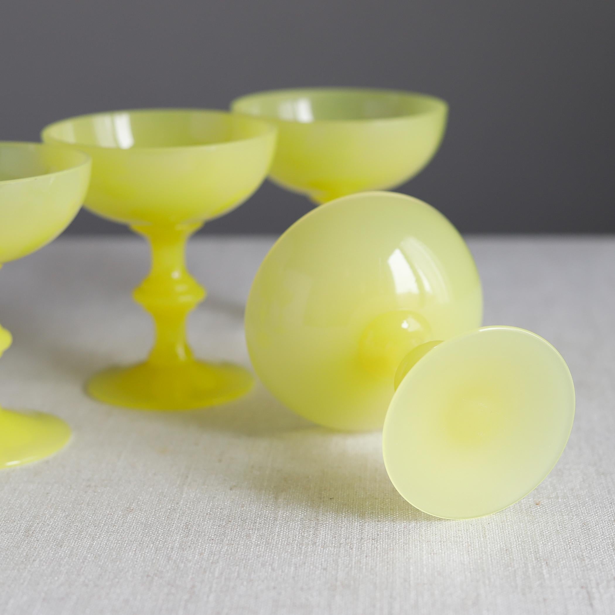 French Portieux Vallerysthal Five Yellow Opaline Glass Champagne Coupes Sherbet Glasses