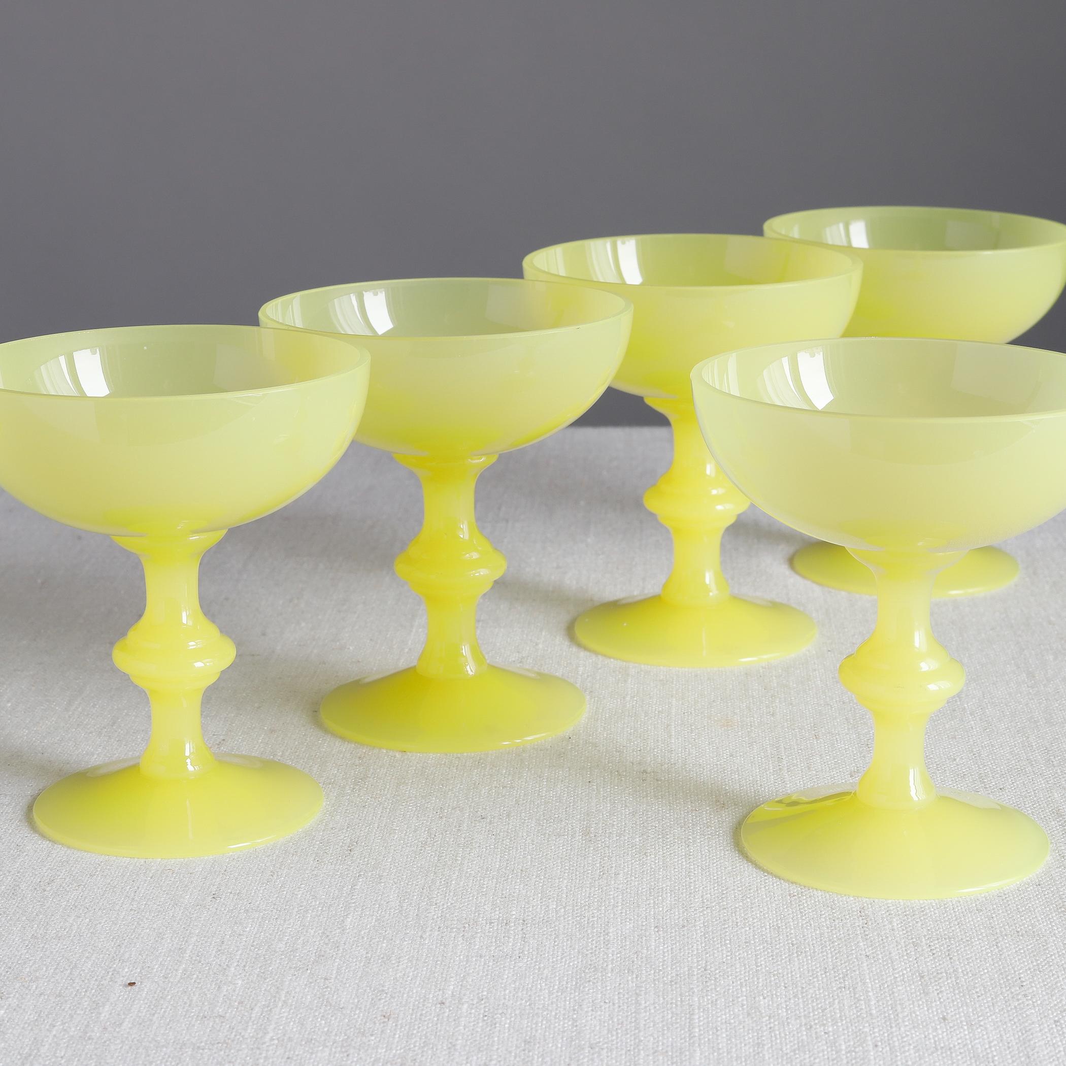 Portieux Vallerysthal Five Yellow Opaline Glass Champagne Coupes Sherbet Glasses In Good Condition In Raleigh, NC