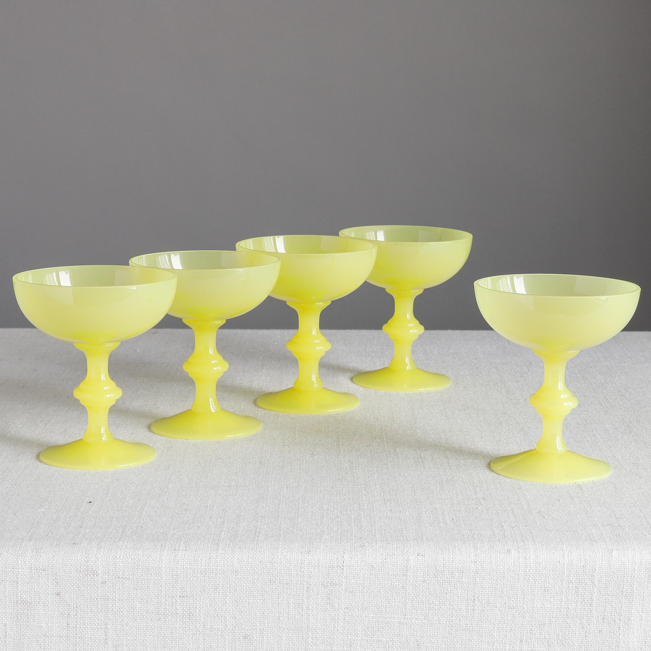 Mid-20th Century Portieux Vallerysthal Five Yellow Opaline Glass Champagne Coupes Sherbet Glasses