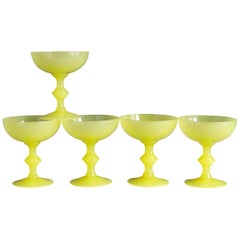 Vintage Portieux Vallerysthal Five Yellow Opaline Glass Champagne Coupes Sherbet Glasses