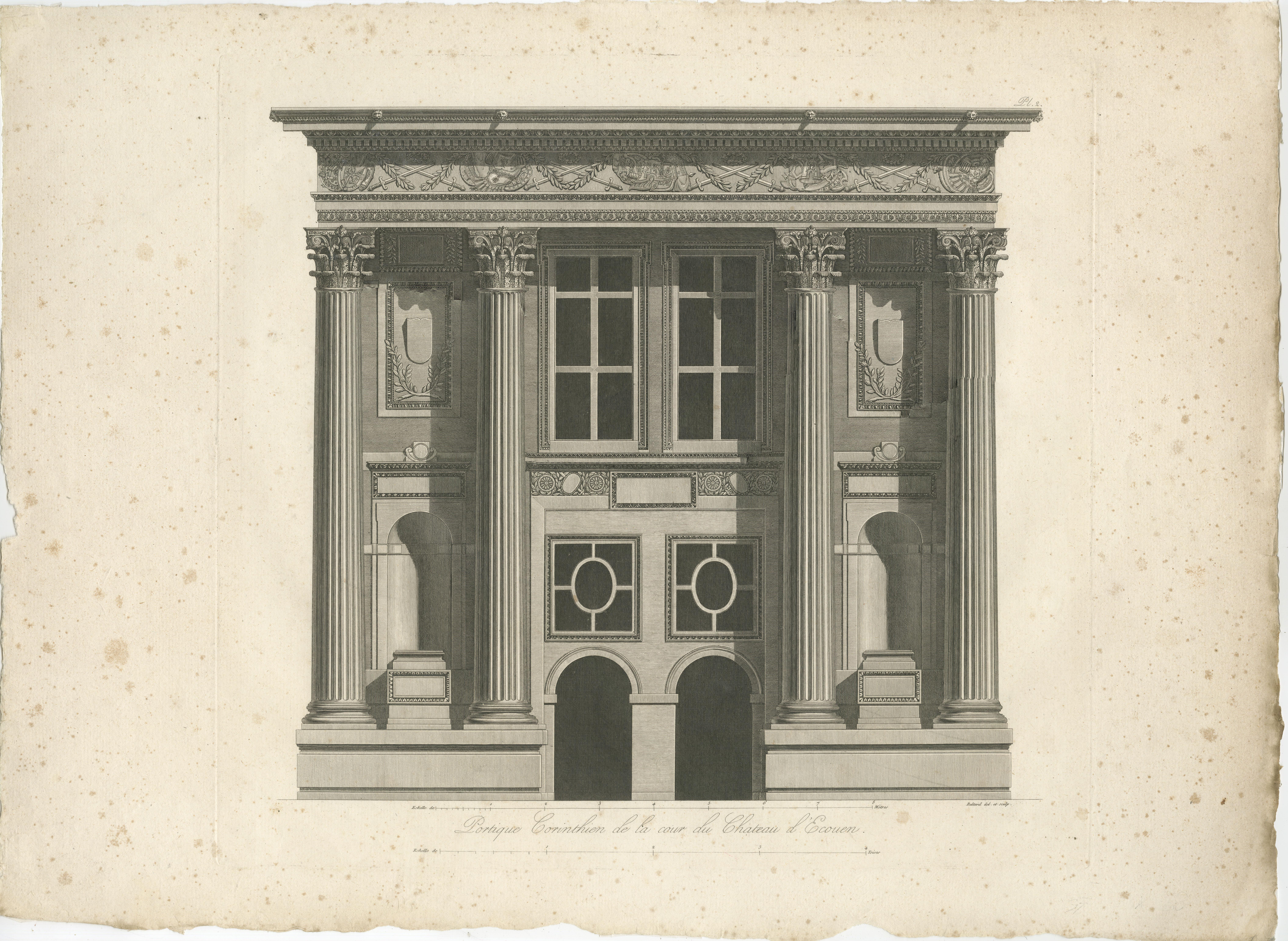 Portique Corinthien du Château d'Écouen - Grabado arquitectónico, Baltard, 1799 Papel en venta