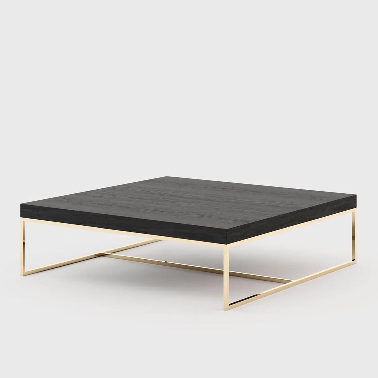Coffee table Portland with eucalyptus wood top in smocked
matte finish. With base in polish stainless steel in gold finish. 
Also available with other wood finishes and other steel finishes on request.