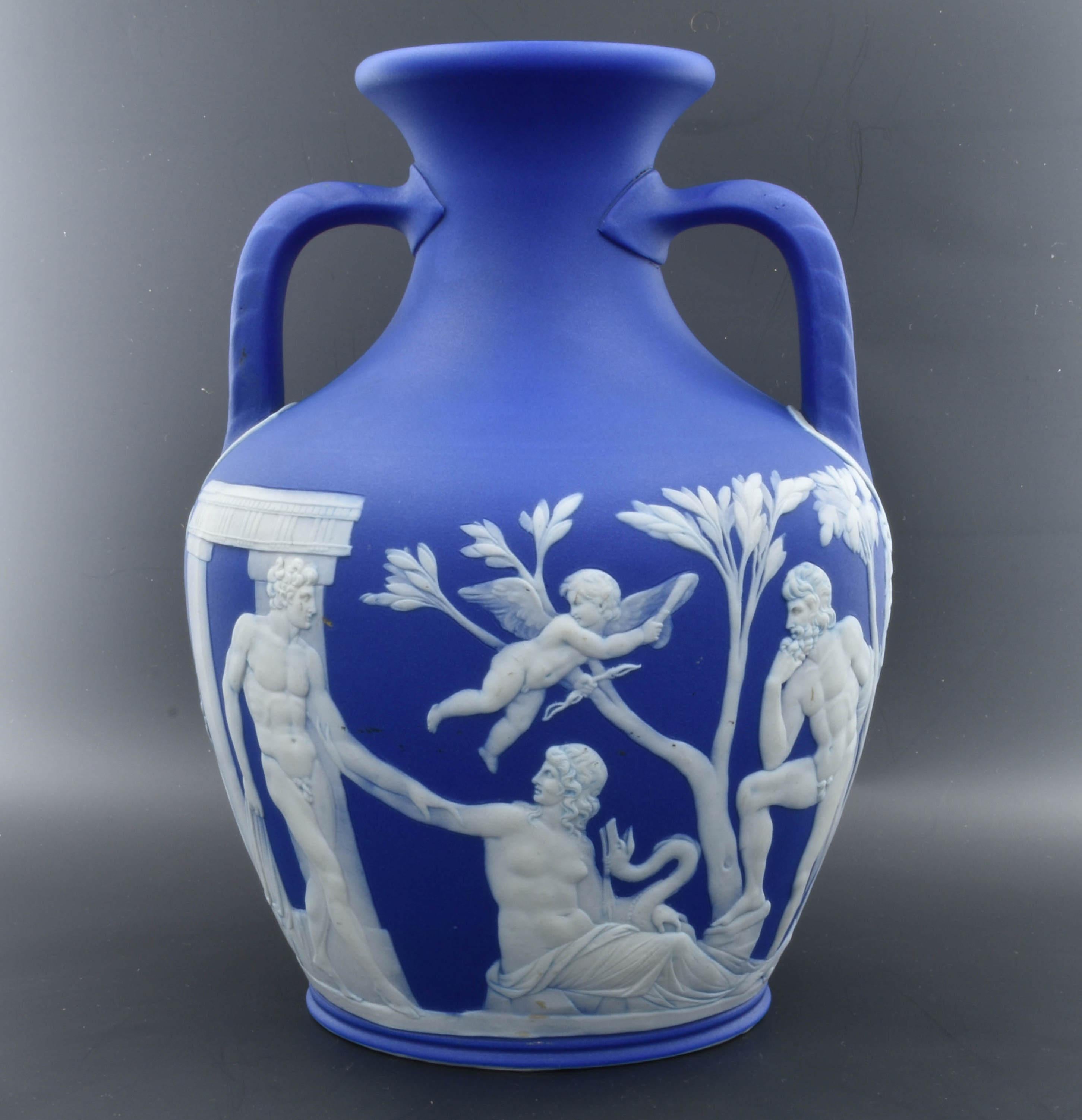 A full-sized Portland vase in cobalt jasper dip. This is the 'undraped' version, meaning it follows the original, rather than having draperies strategically placed. 

A superb example, with really good translucence. At this time, large jasper